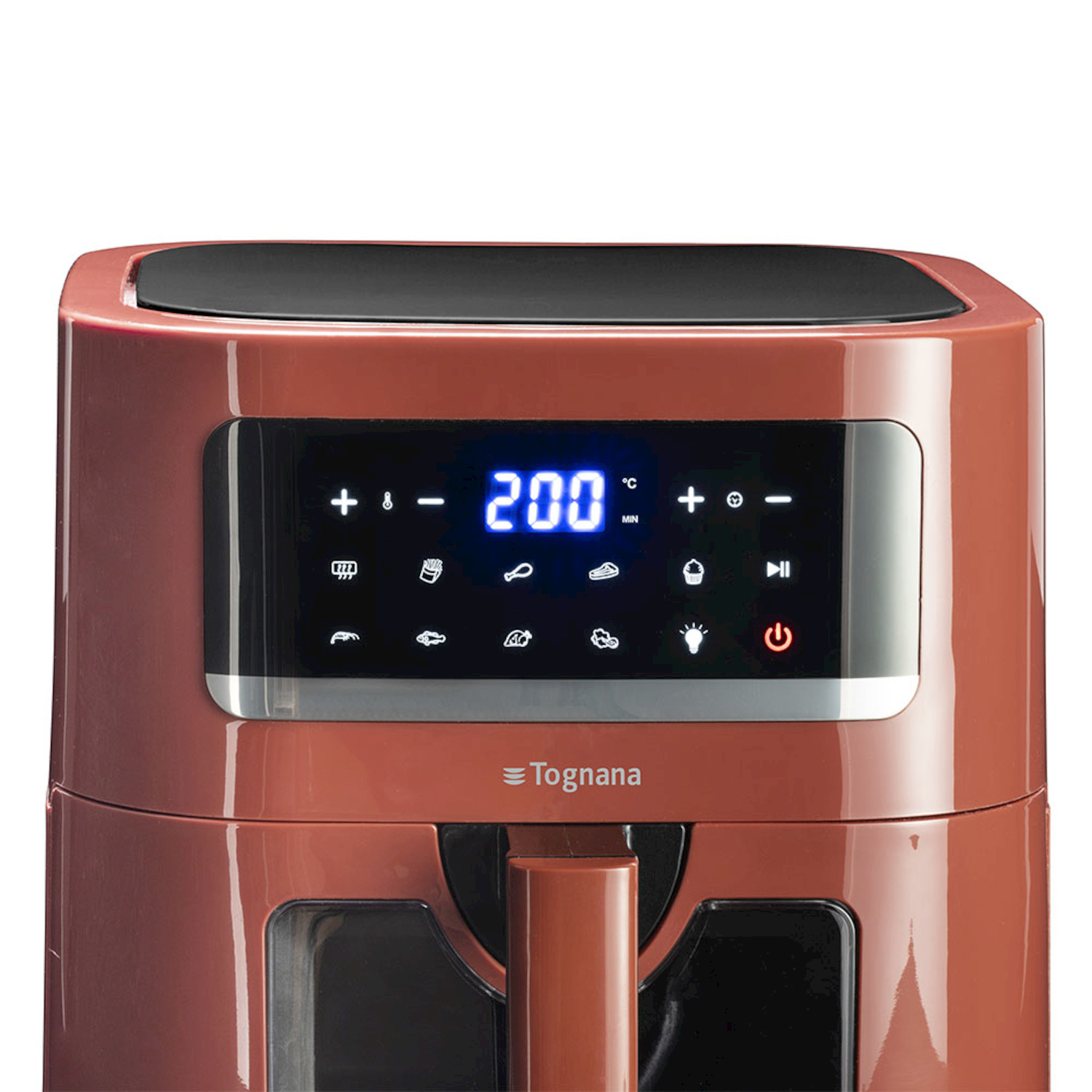 Friggitrice ad aria Tognana rossa con display digitale a 200 gradi e comandi a sfioramento.