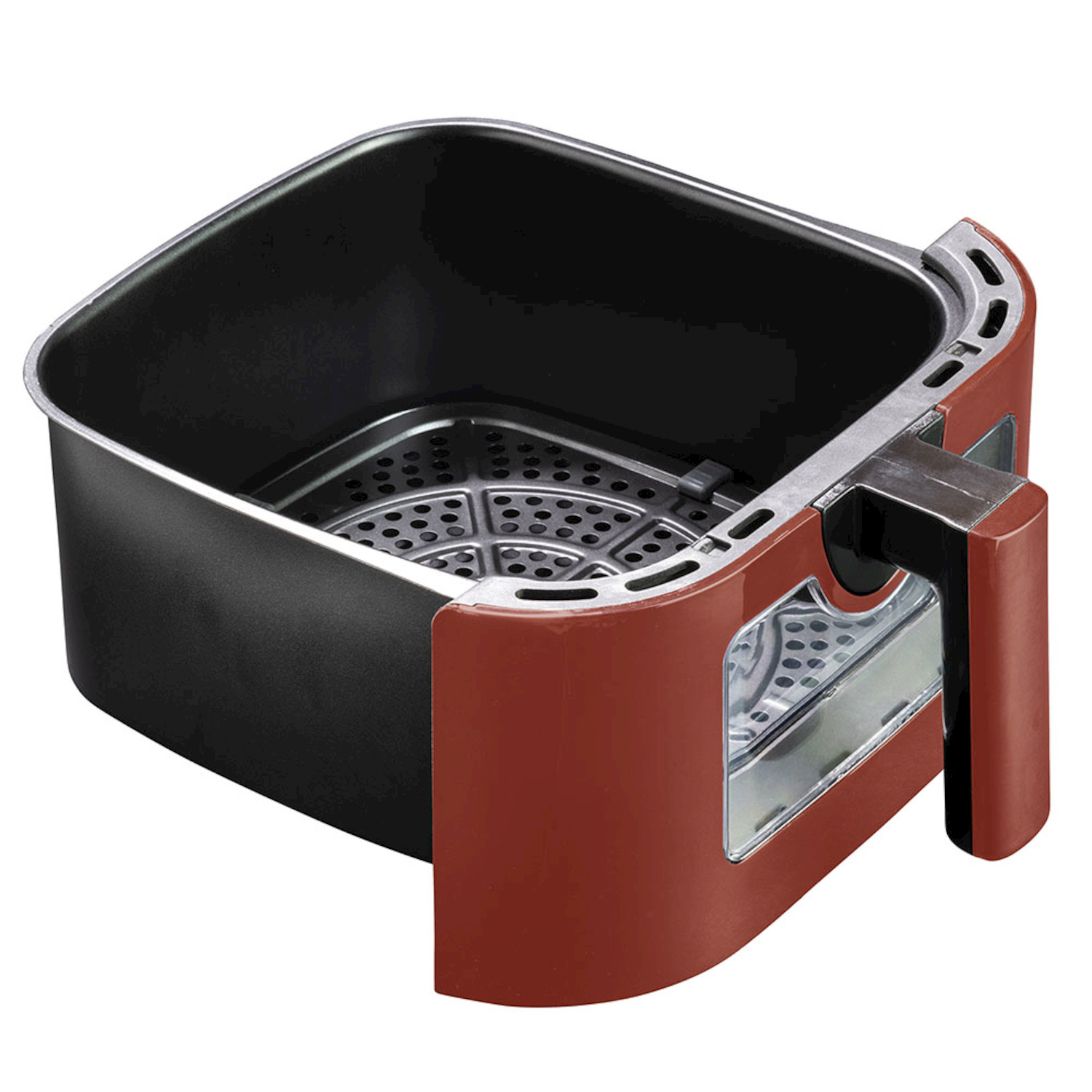 Cestello per friggitrice ad aria rosso e nero con manico e inserto perforato su sfondo bianco.