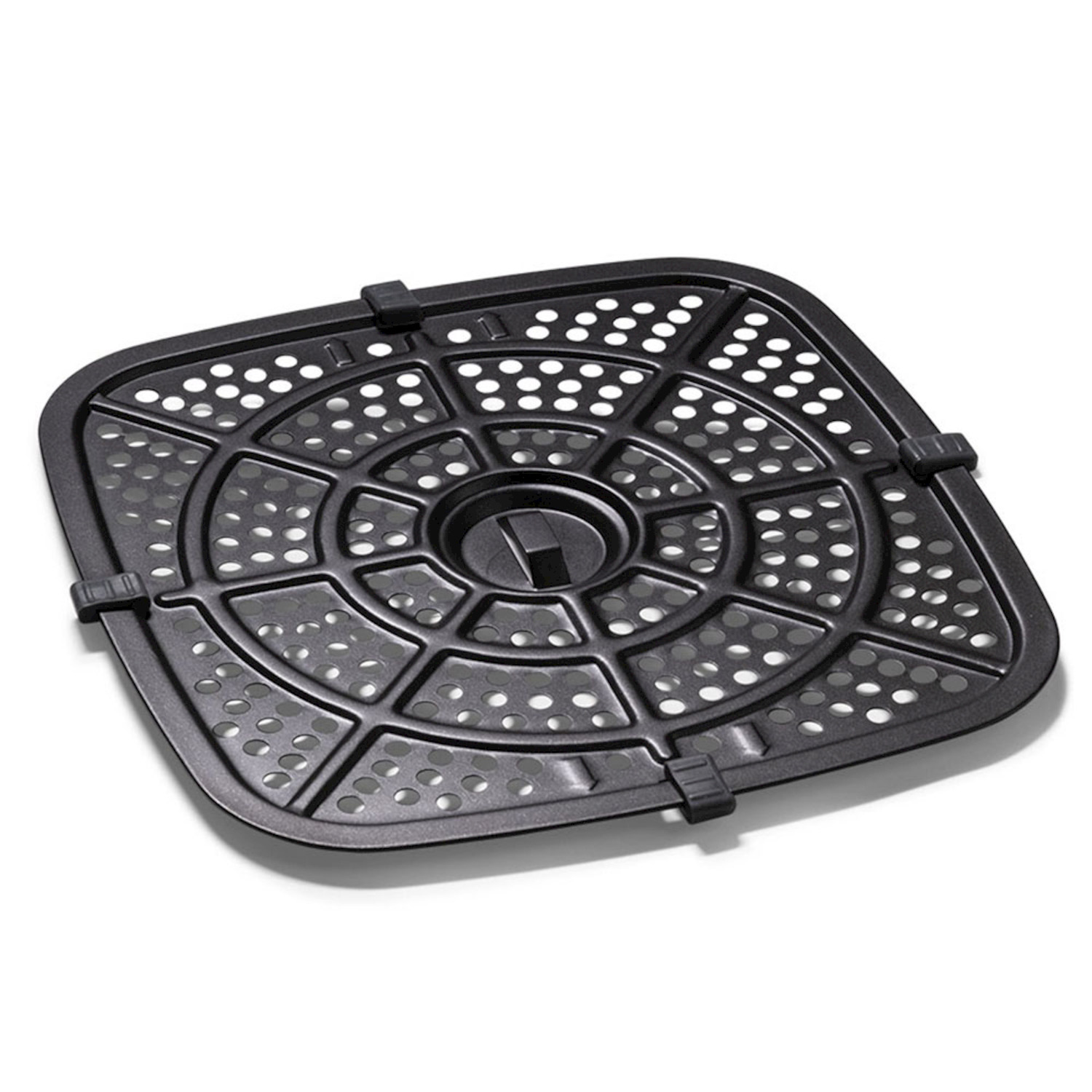 Inserto per teglia grill quadrato nero con fori rotondi e impugnatura centrale su sfondo bianco.