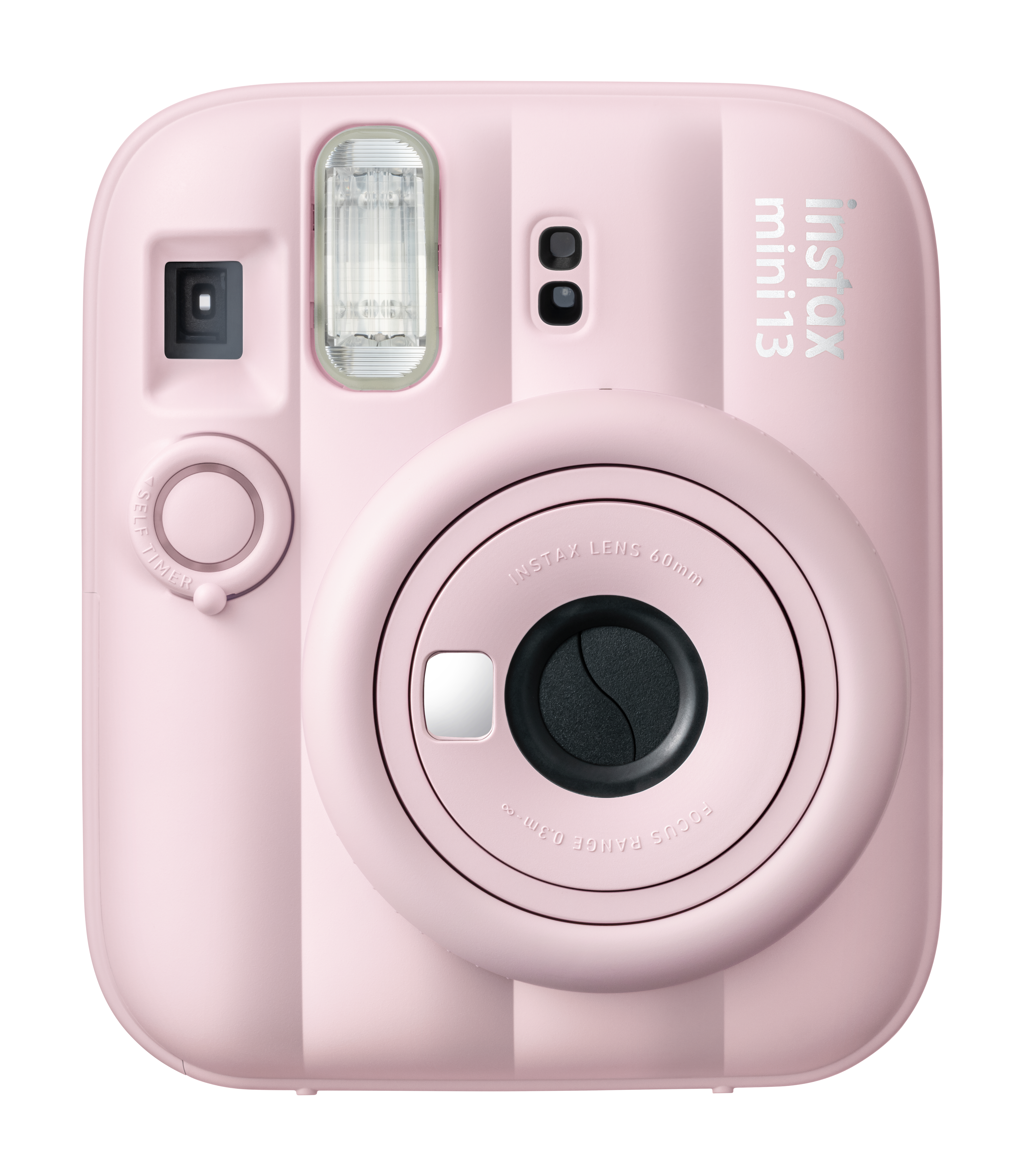 Eine hellrosa Fujifilm Instax Mini 12 Sofortbildkamera direkt von vorne auf weißem Hintergrund.