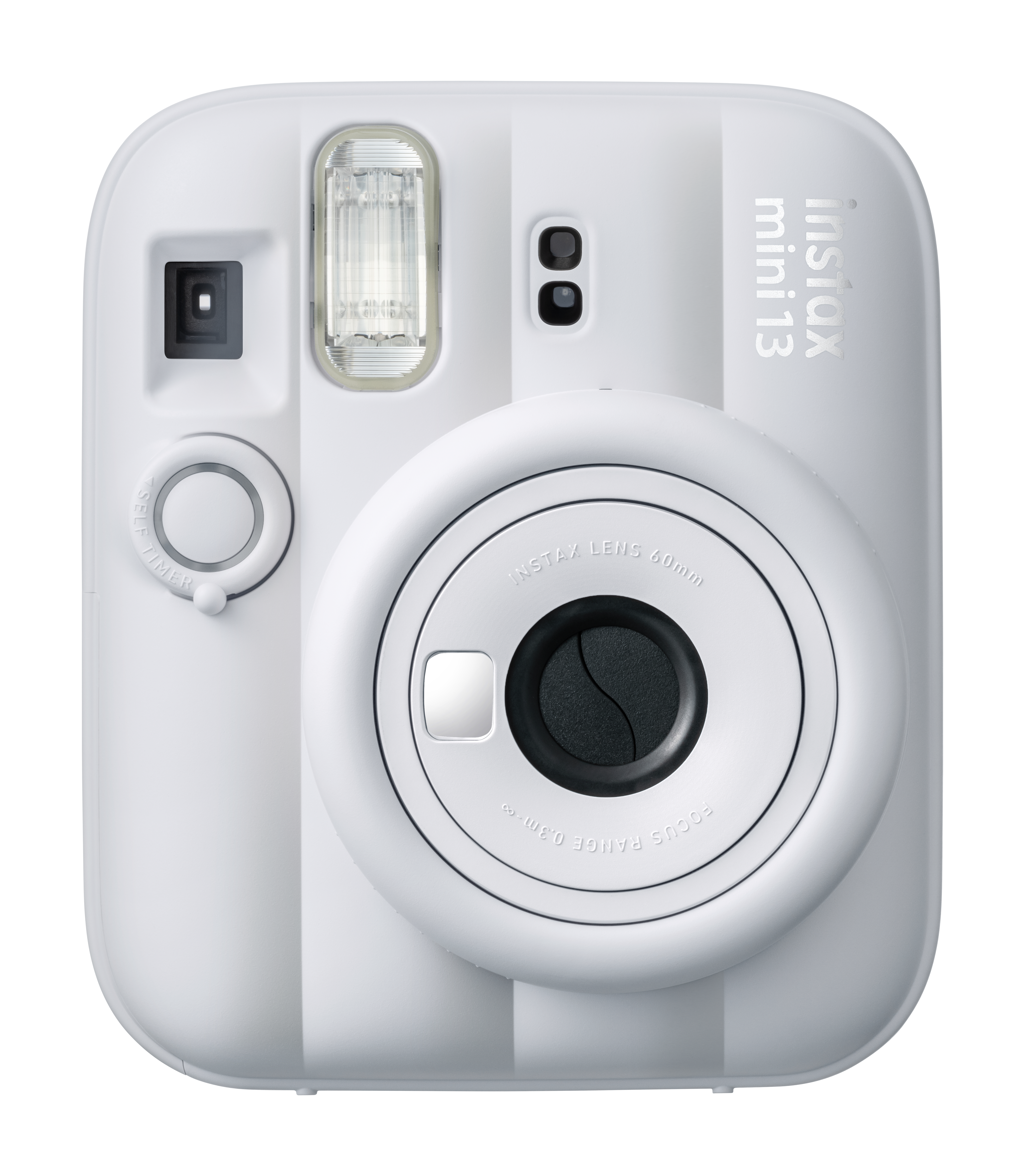 Eine weiße Instax Mini Sofortbildkamera mit zentralem Objektiv, Sucher, Blitz und Selbstauslöser vorne.