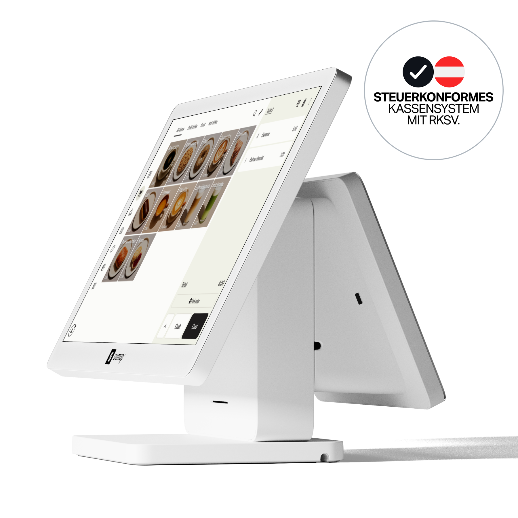 Weißes K Kassensystem mit Touchscreen und angezeigtem Kassenmenü.