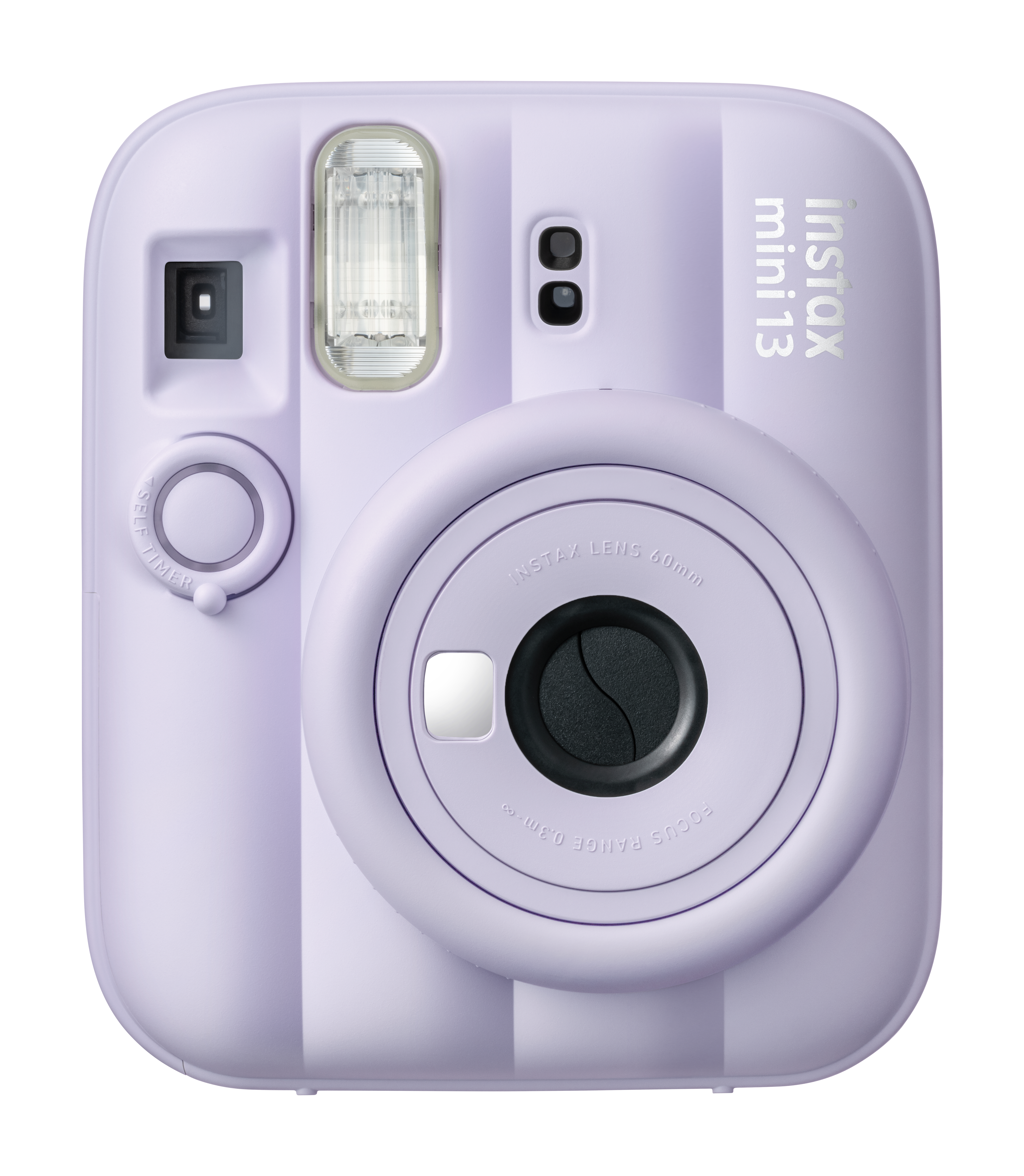 Eine hellviolette Instax Mini 12 Sofortbildkamera mit Linse in der Mitte, Blitz und Sucher auf weißem Hintergrund.