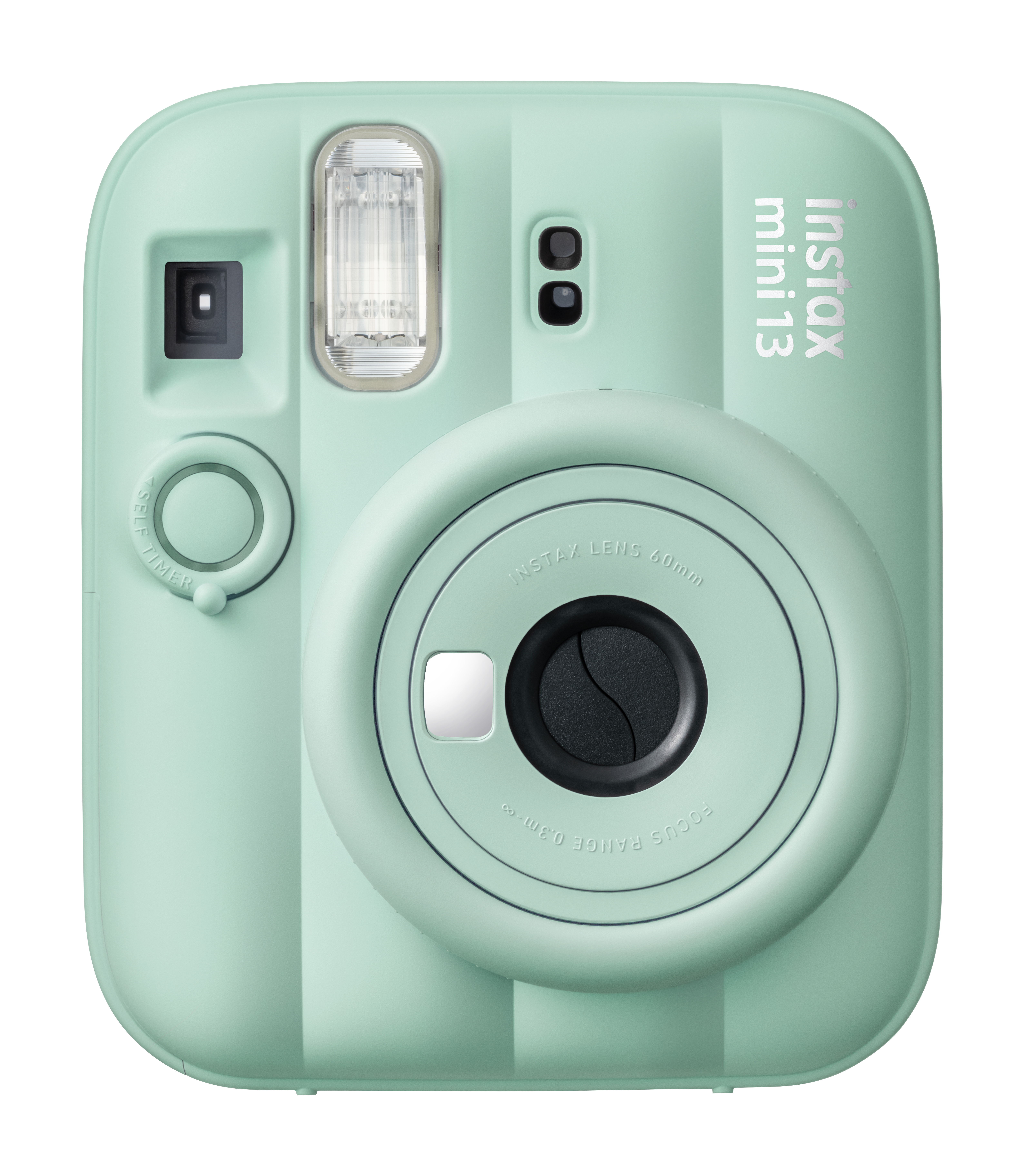 Eine pastellgrüne Instax Mini 13 Sofortbildkamera mit Linse, Blitz und Sucher.