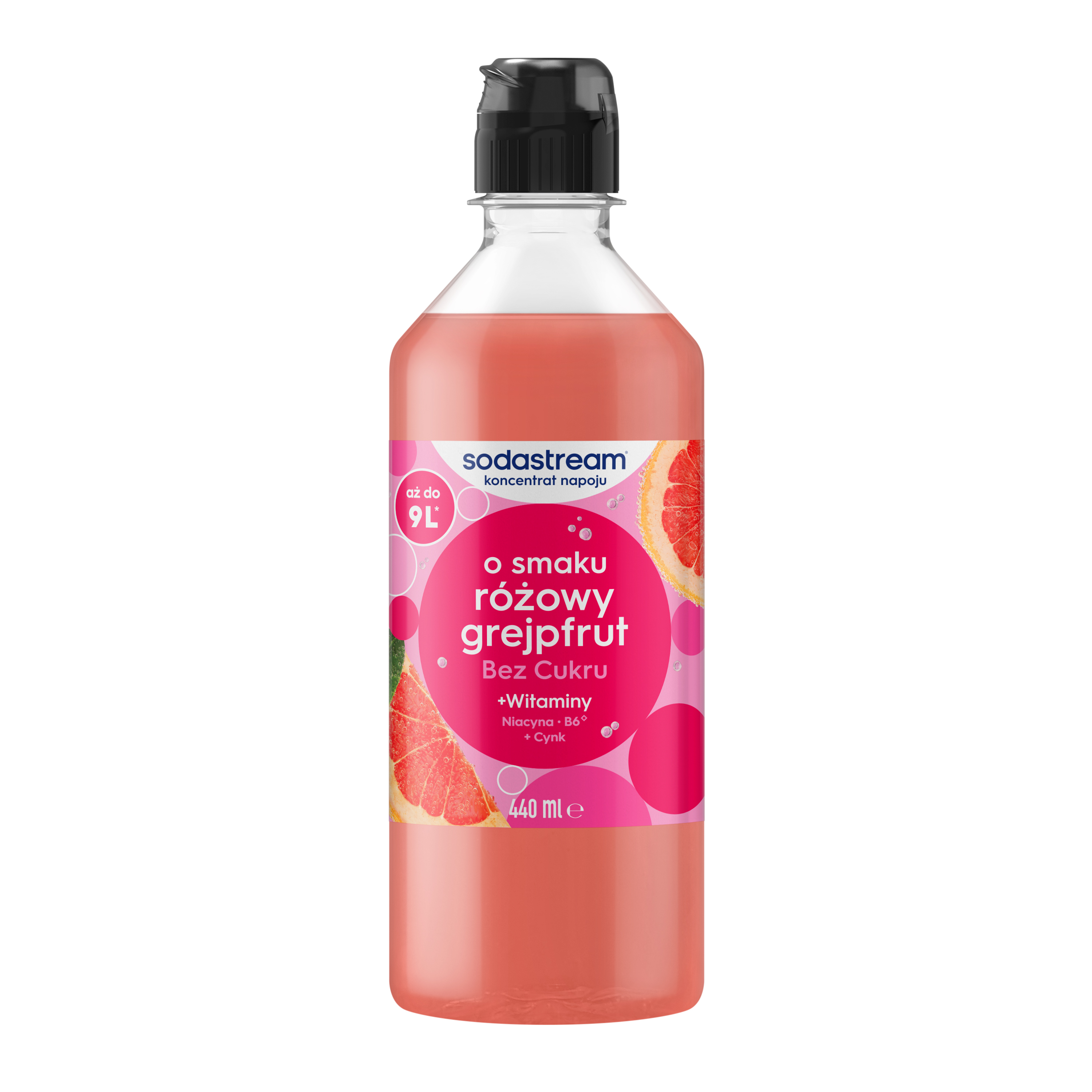Różowa butelka syropu Sodastream o smaku różowego grejpfruta z czarną nakrętką na białym tle.