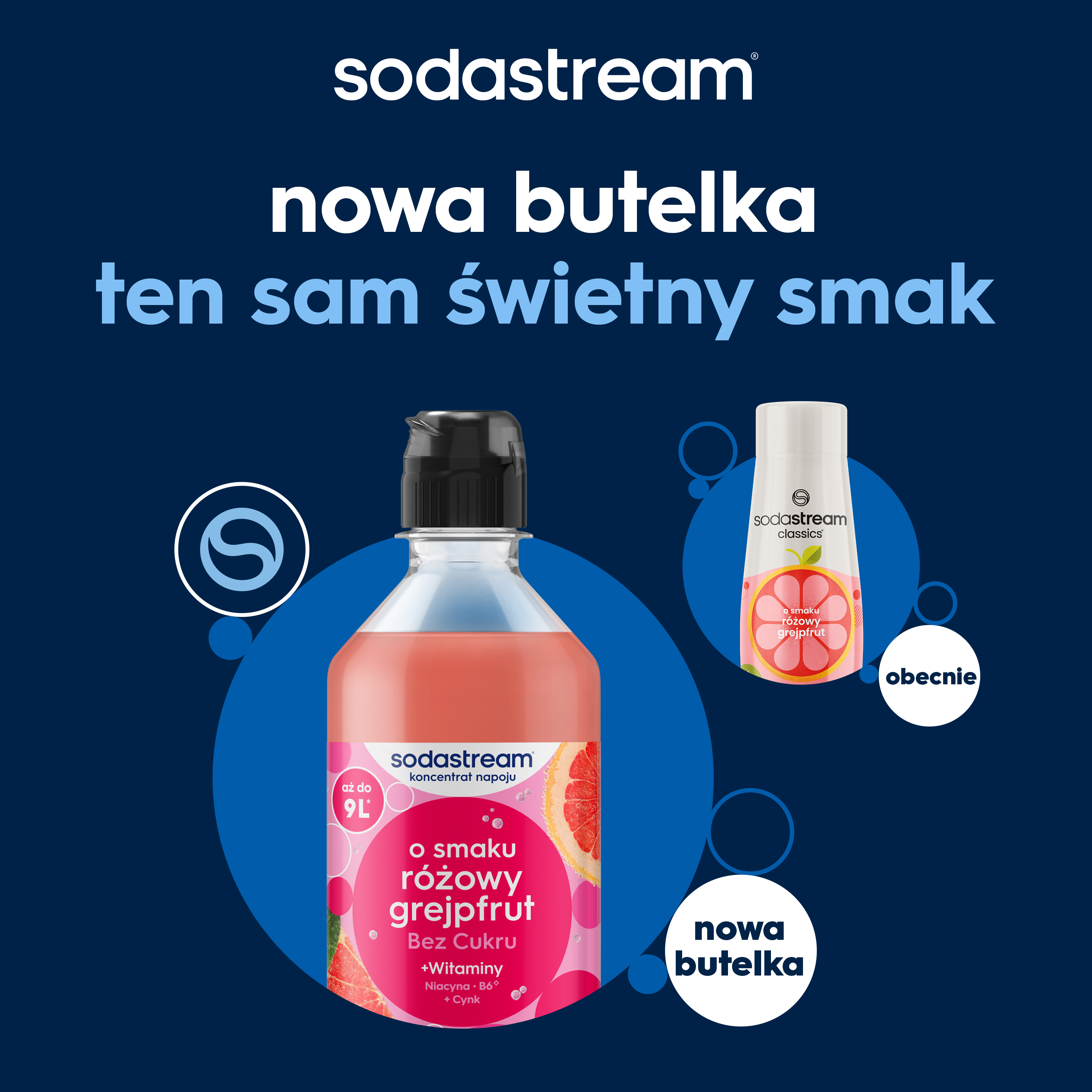 Butelka syropu Sodastream o smaku różowego grejpfruta na niebieskim tle.