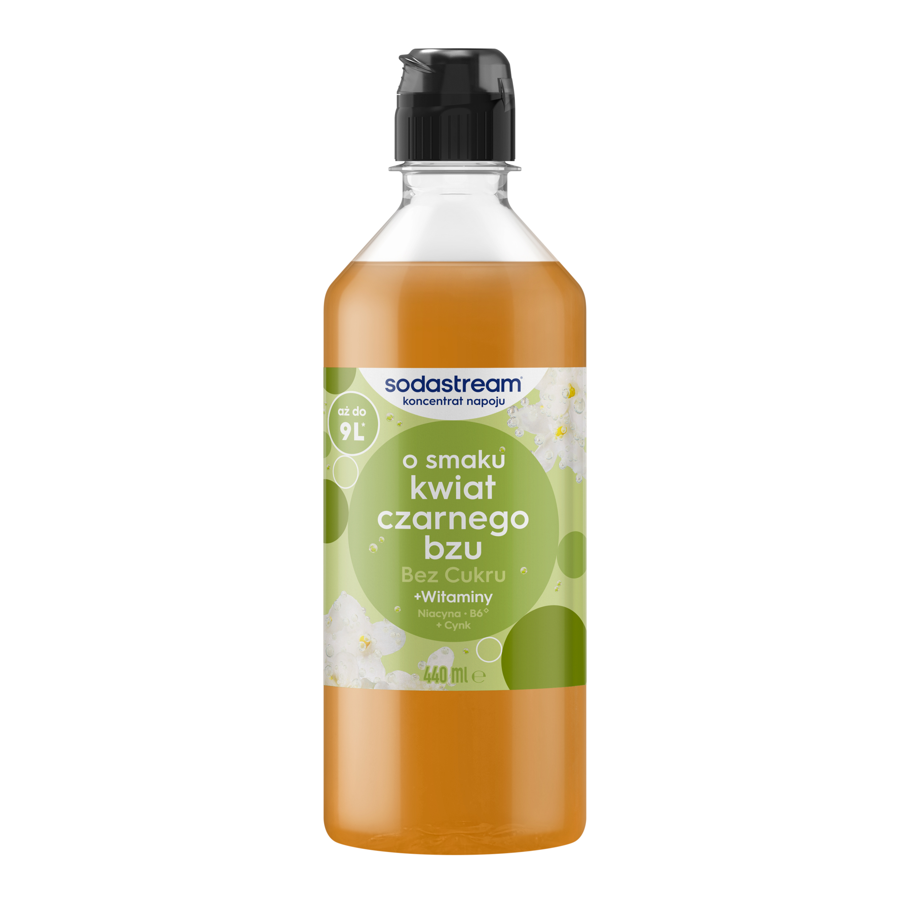 Butelka koncentratu napoju SodaStream o smaku czarnego bzu z czarną nakrętką na białym tle.