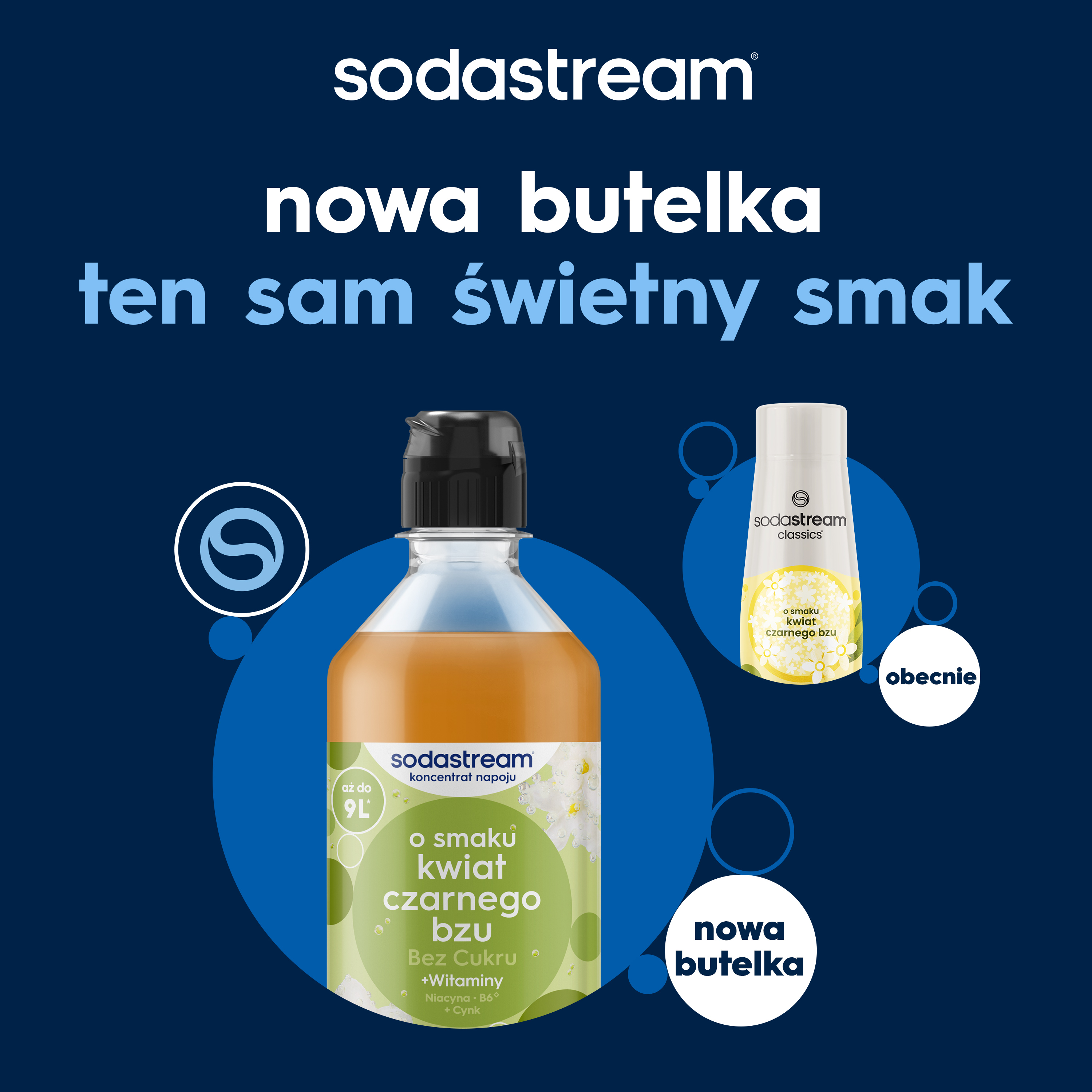 Butelka syropu Sodastream o smaku bzu czarnego na niebieskim tle z polskim tekstem.