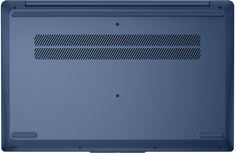 Egy kék laptop alsó nézete szellőzőnyílásokkal és csavarokkal.