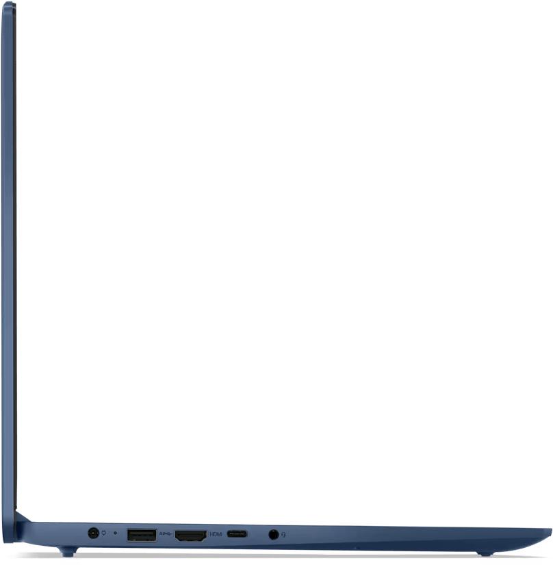 Egy kék laptop bal oldala különféle portokkal, fekete háttér előtt.