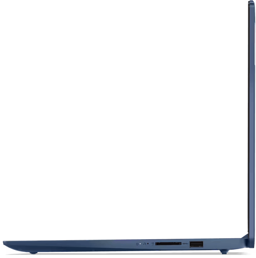 Egy kék laptop oldalsó nézete látható portokkal, fekete háttér előtt.