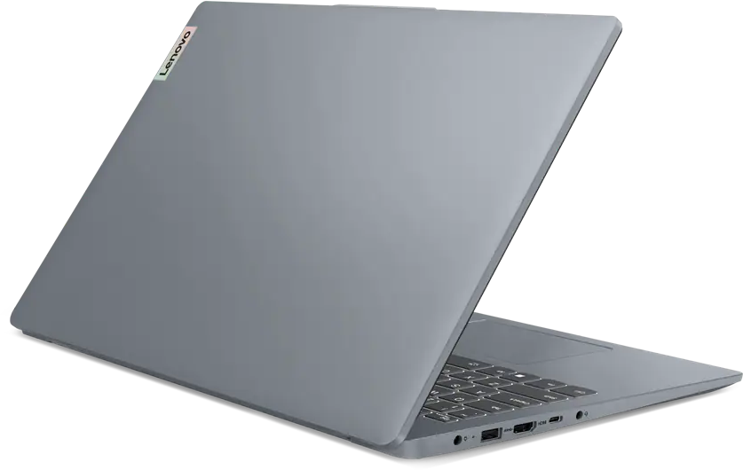 Szürke Lenovo laptop fekete háttérrel, a billentyűzet és a portok láthatók.