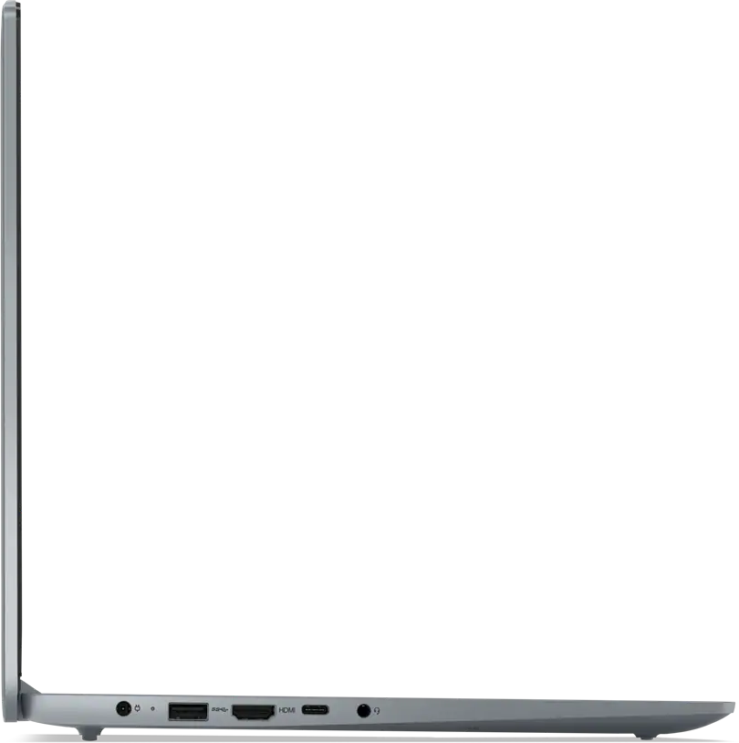 Egy ezüst laptop oldalsó nézete táp-, USB-, HDMI-, USB-C- és audioportokkal fekete háttér előtt.