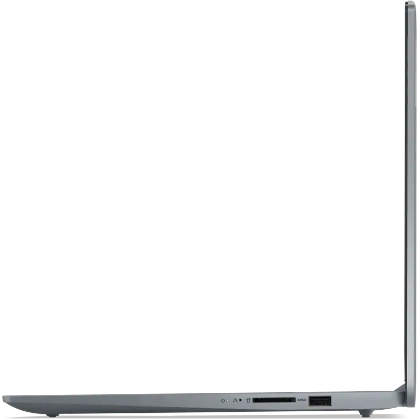 Egy szürke laptop oldalsó nézete portokkal és bekapcsológombbal fekete háttér előtt.