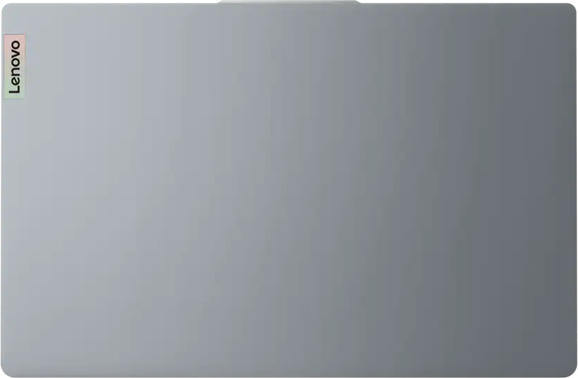 Zárt szürke Lenovo laptop felülről, márkajelzéssel.