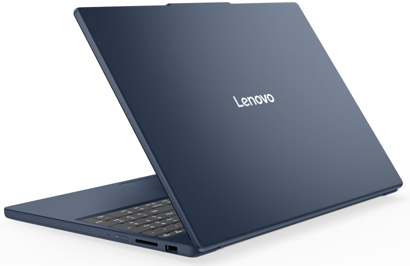 Egy sötétkék Lenovo laptop áll fehér felületen, látható logóval és billentyűzettel a lecsukott fedél alatt.