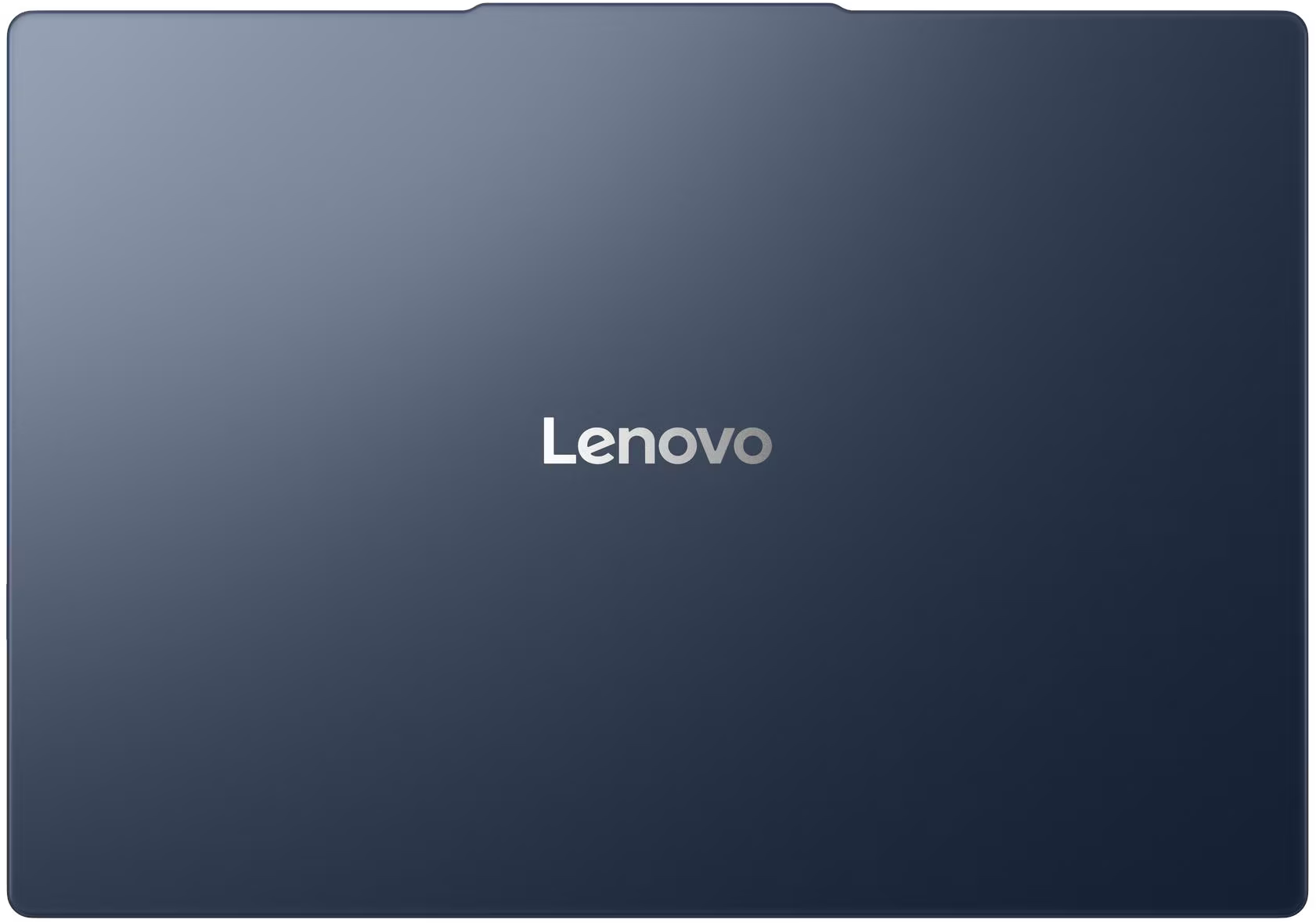 Egy Lenovo laptop zárt, sötétkék teteje középre helyezett ezüst logóval.