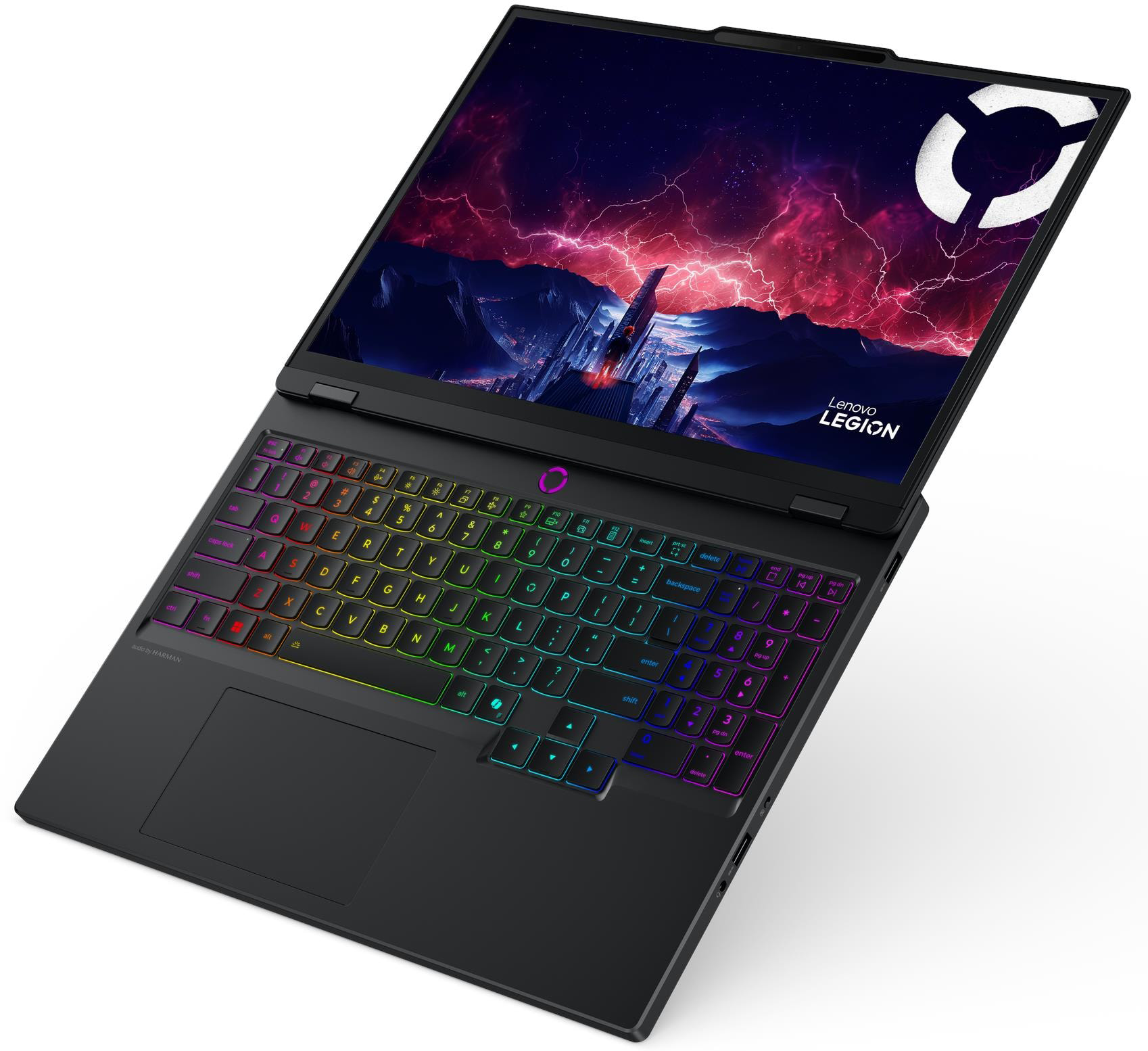 Fekete Lenovo Legion gamer laptop RGB háttérvilágítású billentyűzettel és színes kozmikus háttérképpel.