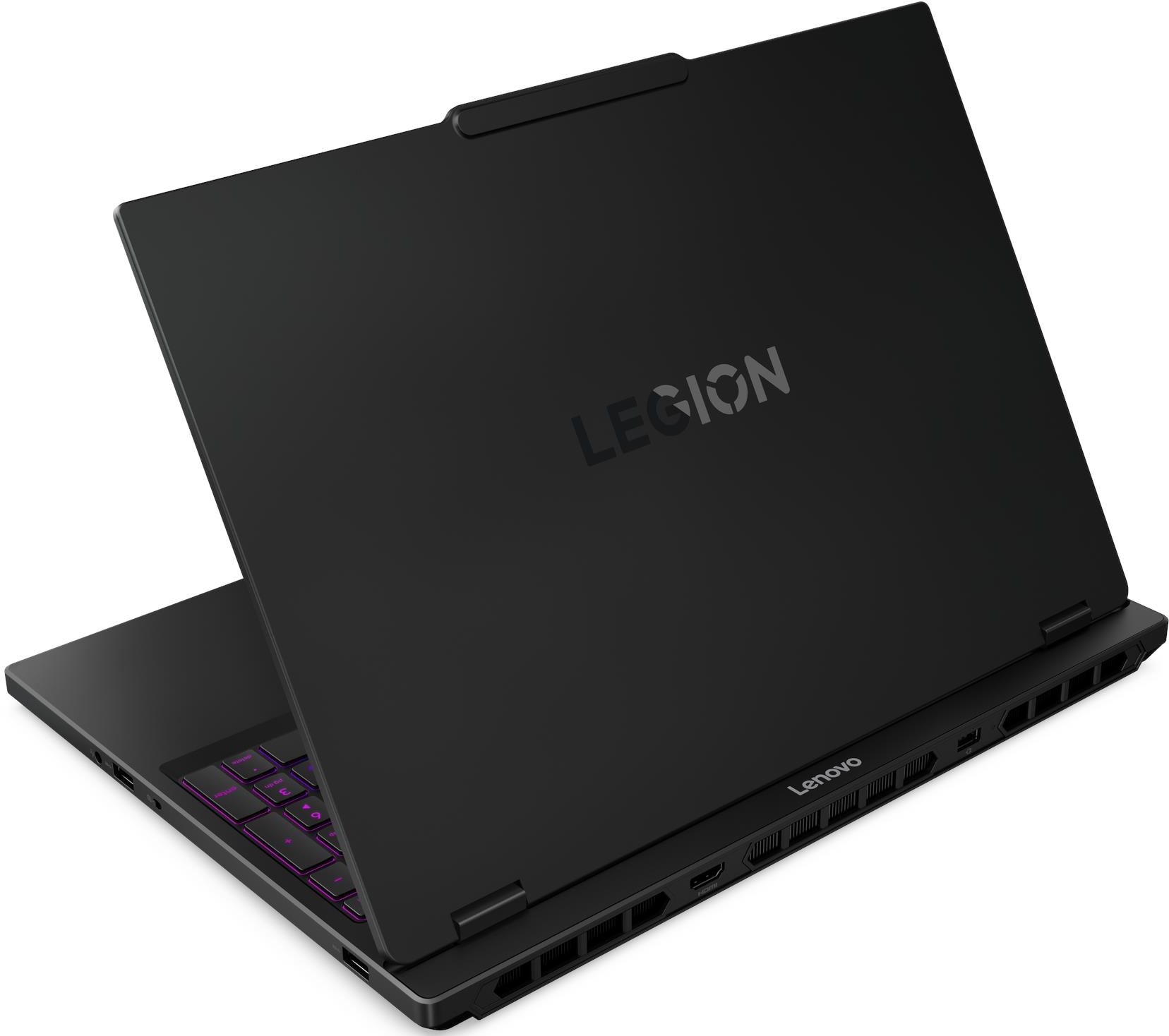 Fekete Lenovo Legion laptop háttérvilágítású billentyűzettel, hátulról nézve világos felületen.