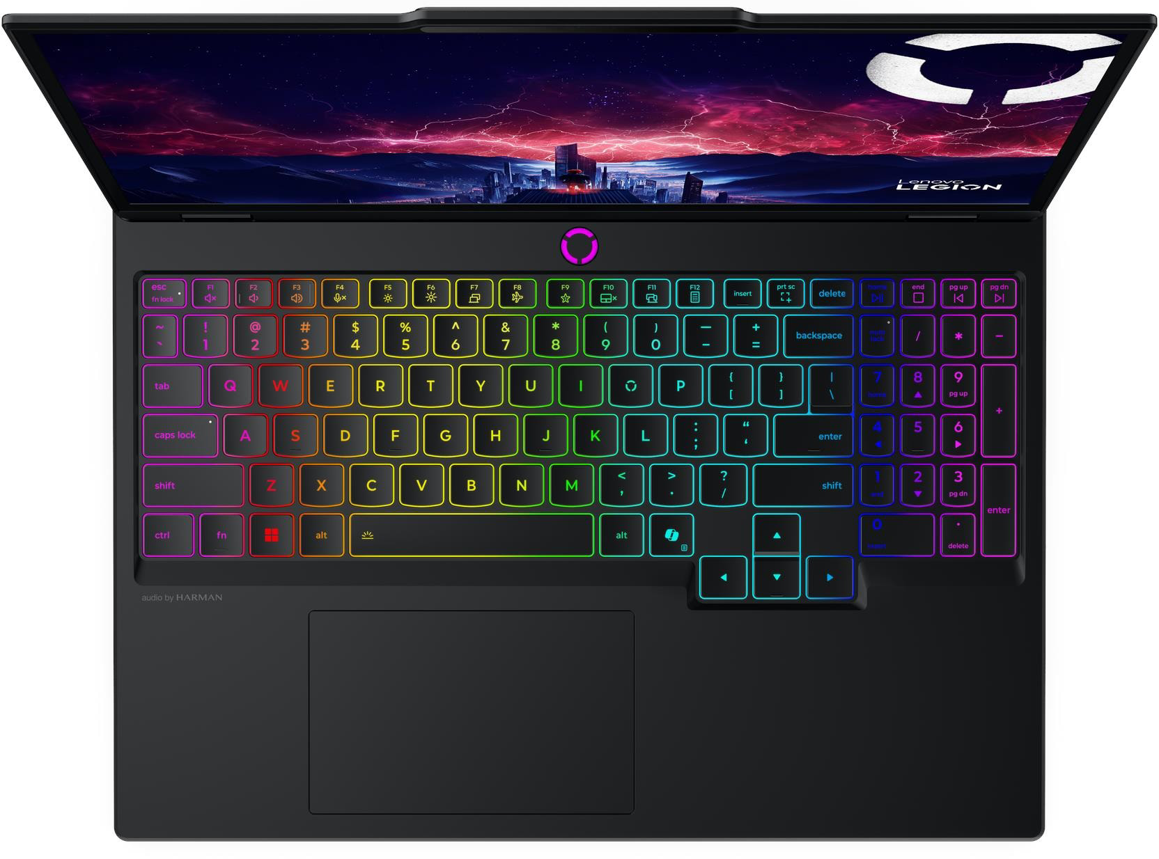 Felnagyított nézet egy fekete laptopról, amelynek színes RGB háttérvilágítású billentyűzata és futurisztikus képernyője van.