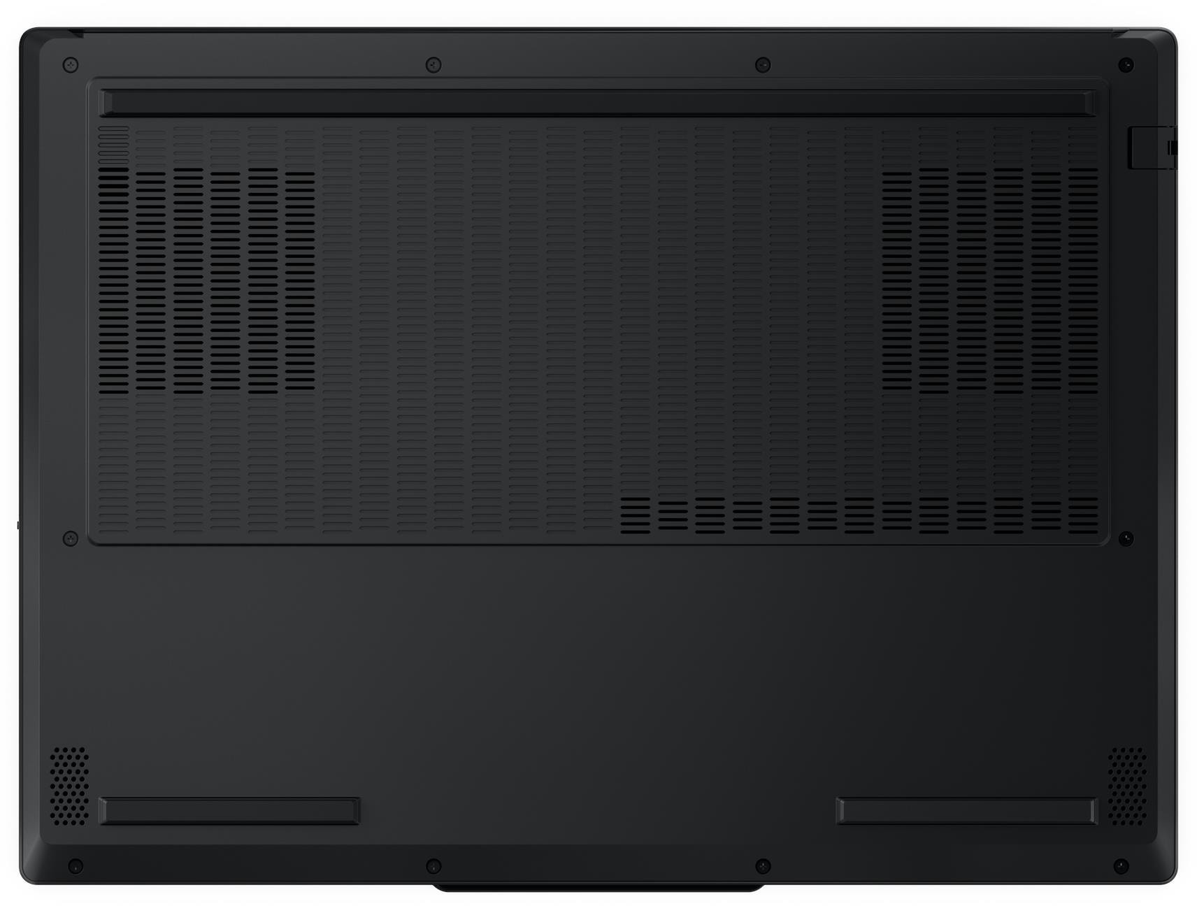 Fekete laptop alja szellőzőnyílásokkal és hangszórórácsokkal.