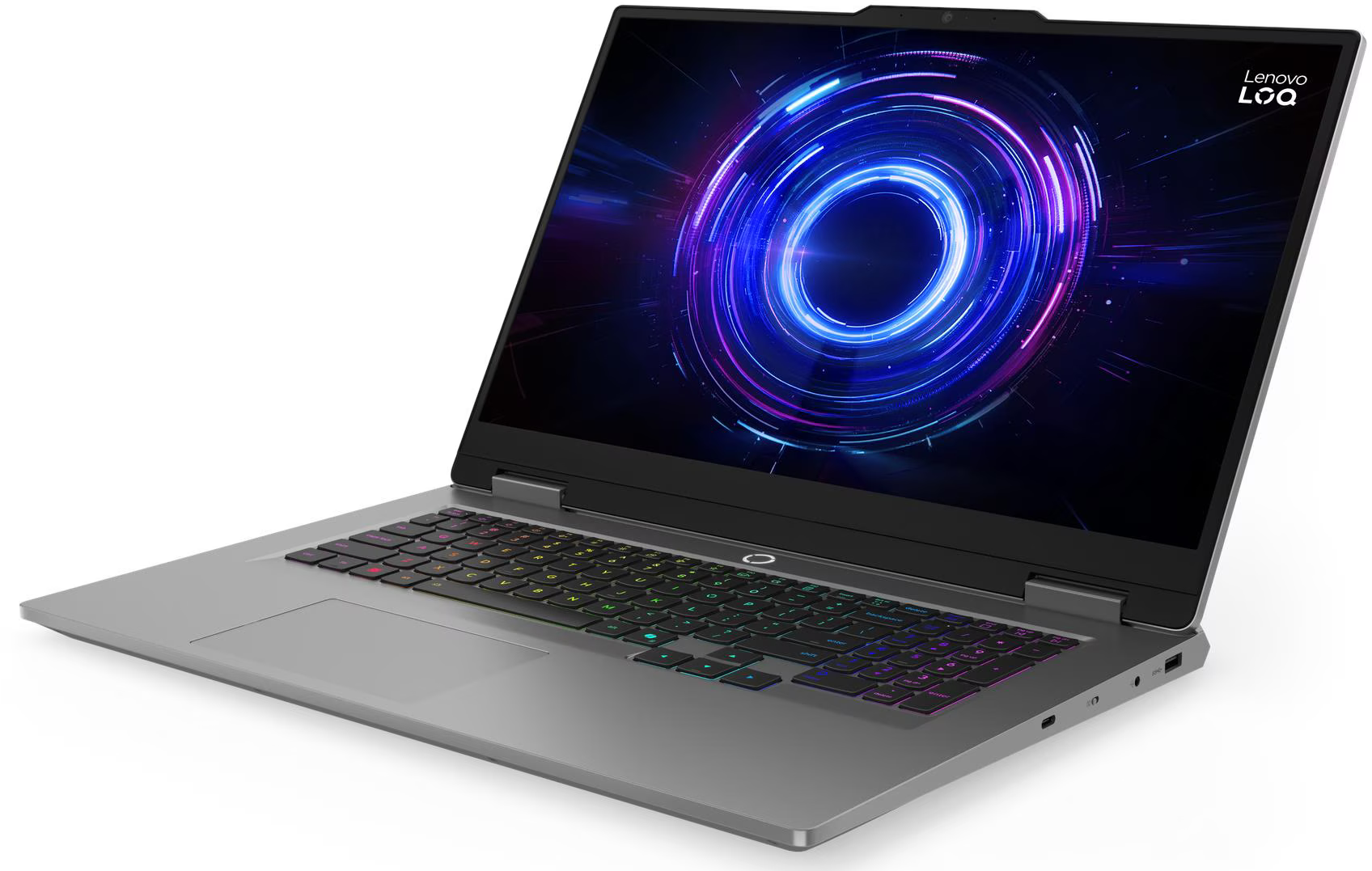 Szürke Lenovo LOQ laptop világító billentyűzettel és kék kör alakú mintával a képernyőn.