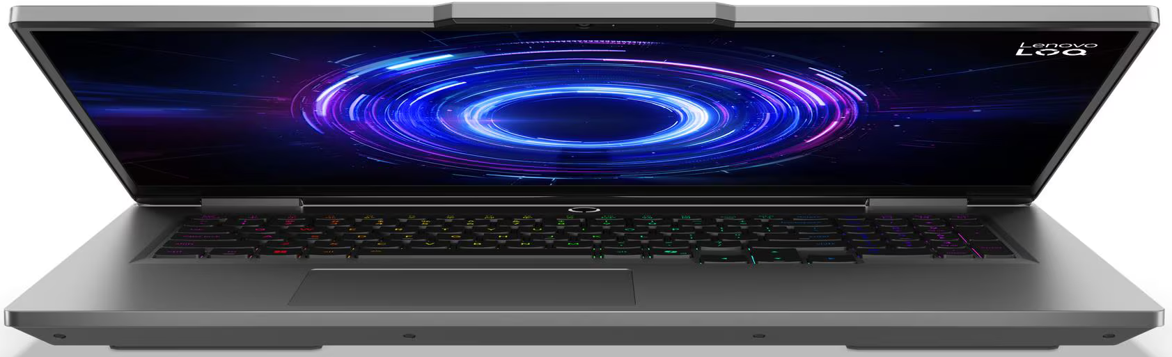 Egy szürke Lenovo LOQ laptop nyitott képernyővel, amelyen kék és lila absztrakt örvénylő háttér látható.