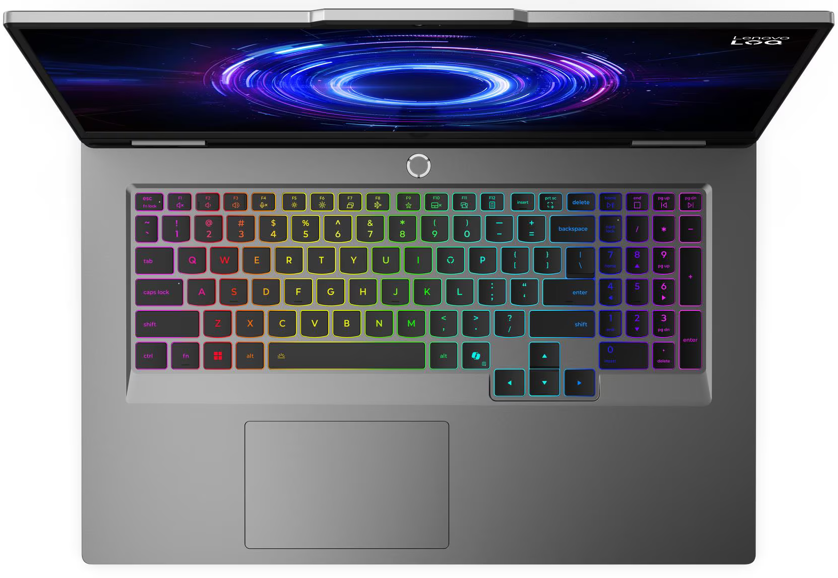 Szürke laptop felülnézetből, RGB háttérvilágítású billentyűzettel és kék kör alakú képernyőháttérrel.