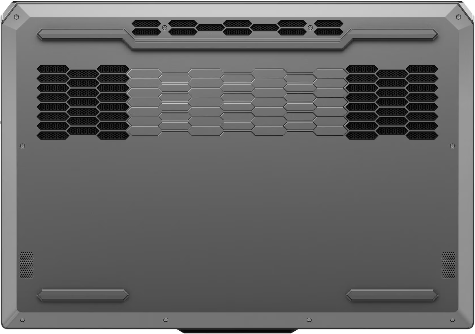 Szürke laptop alsó borítás szimmetrikus hatszögletű szellőzőrácsokkal és négy kis hangszóróval.
