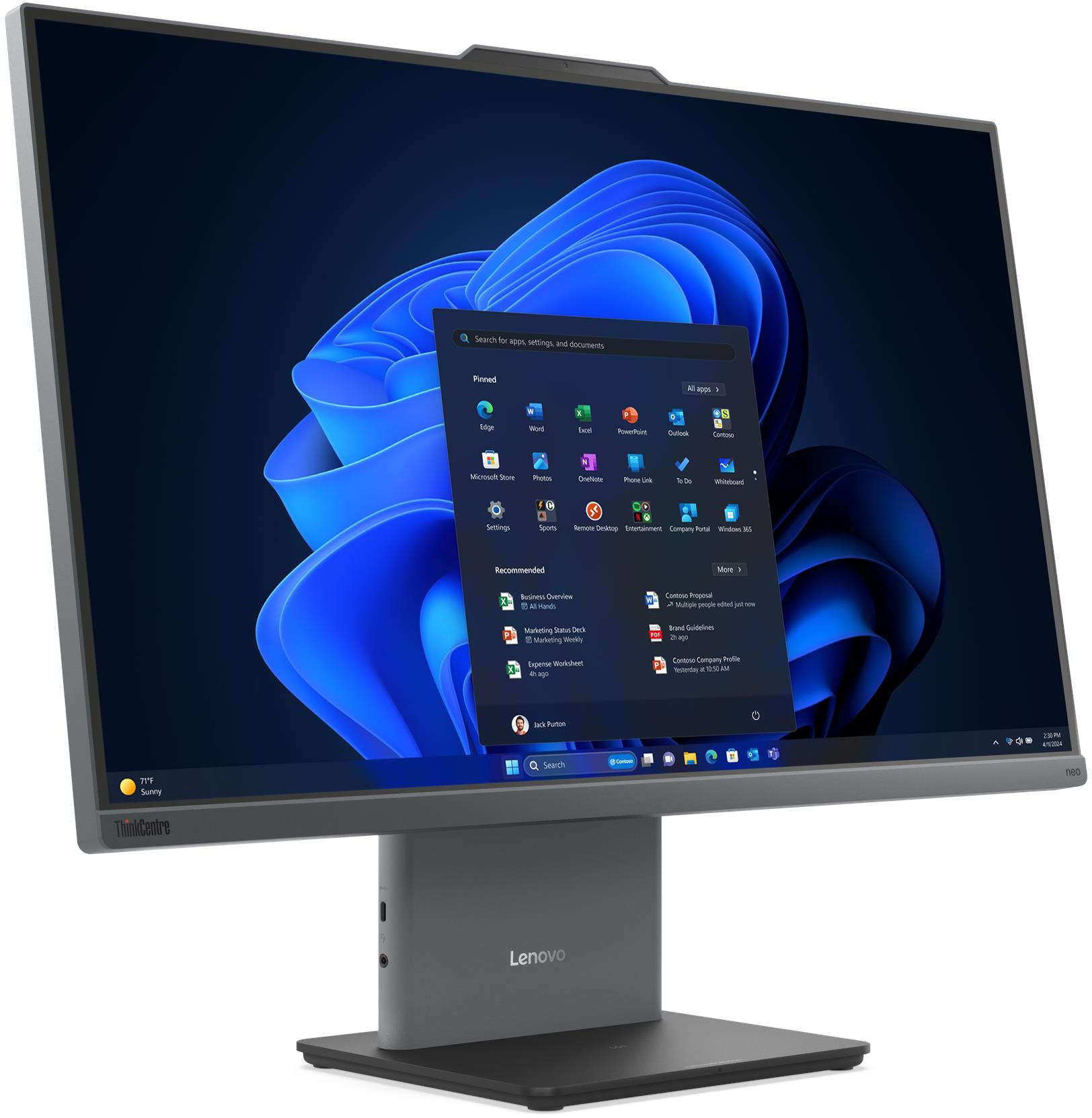 Egy modern Lenovo ThinkCentre monitor kék Windows háttérképpel és nyitott Start menüvel.