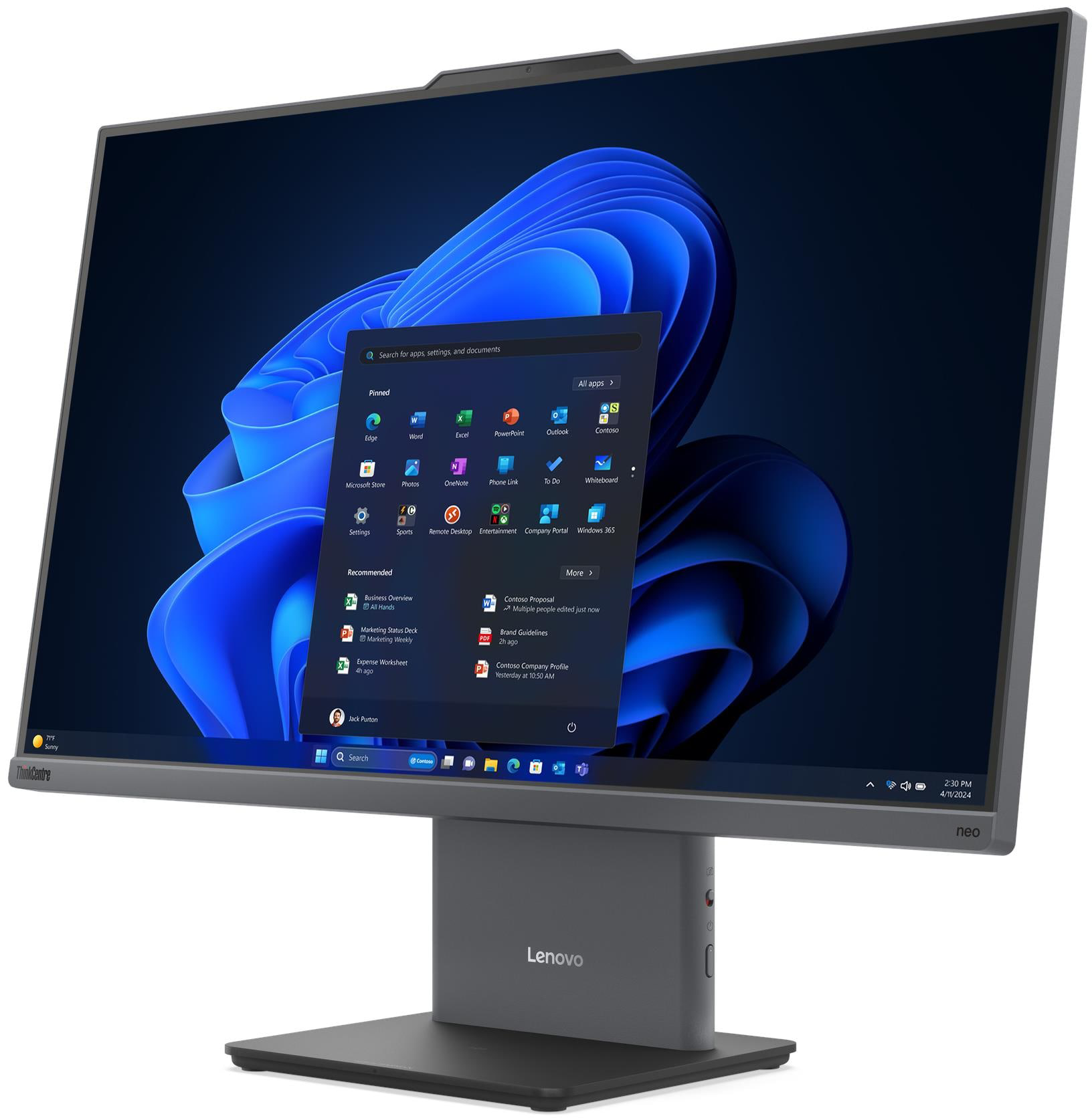 Egy Lenovo ThinkCentre all-in-one asztali számítógép kék Windows 11 Start menüvel és tálcával a képernyőn.
