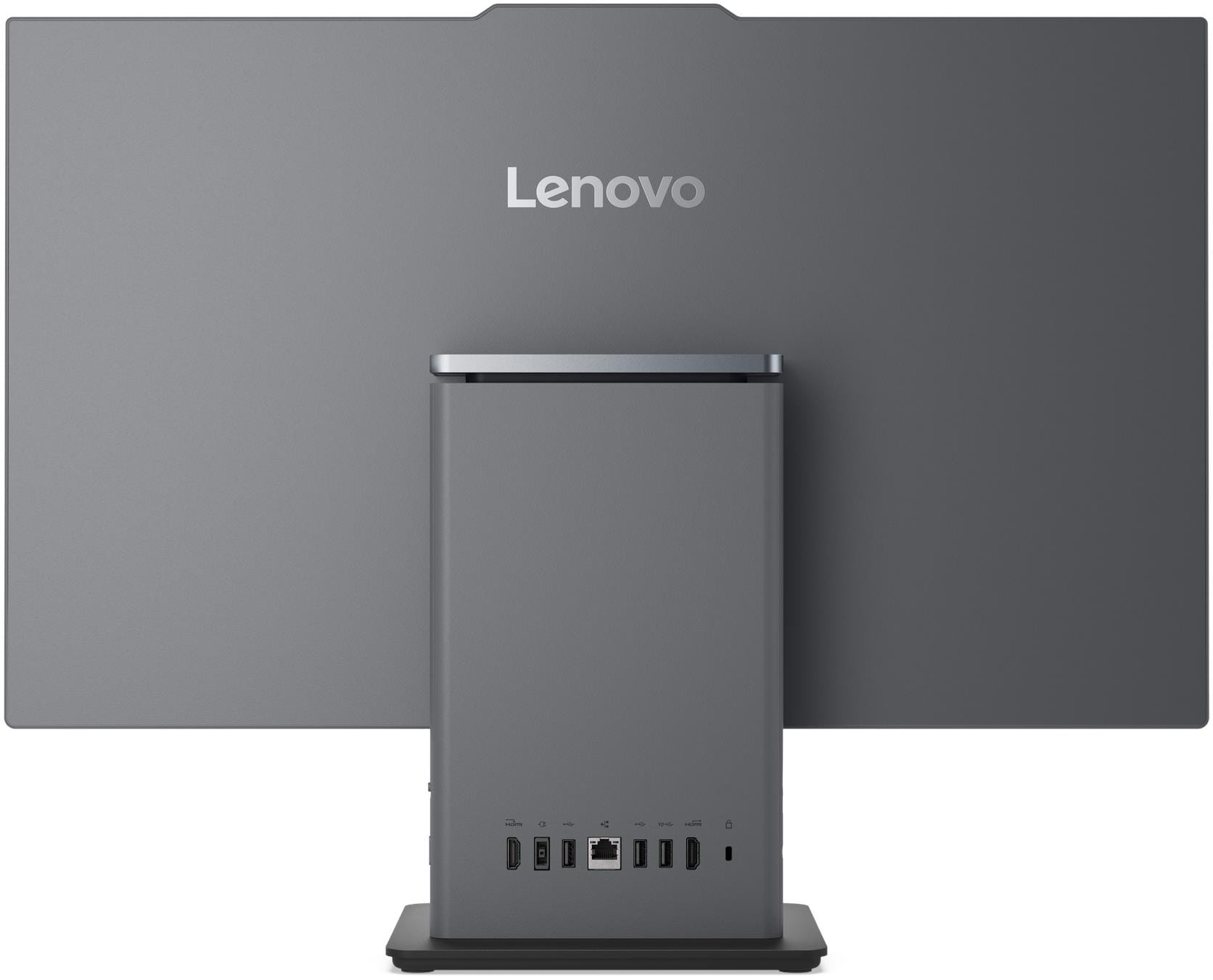 Egy szürke Lenovo monitor hátoldala beépített állvánnyal és különféle portokkal alul.