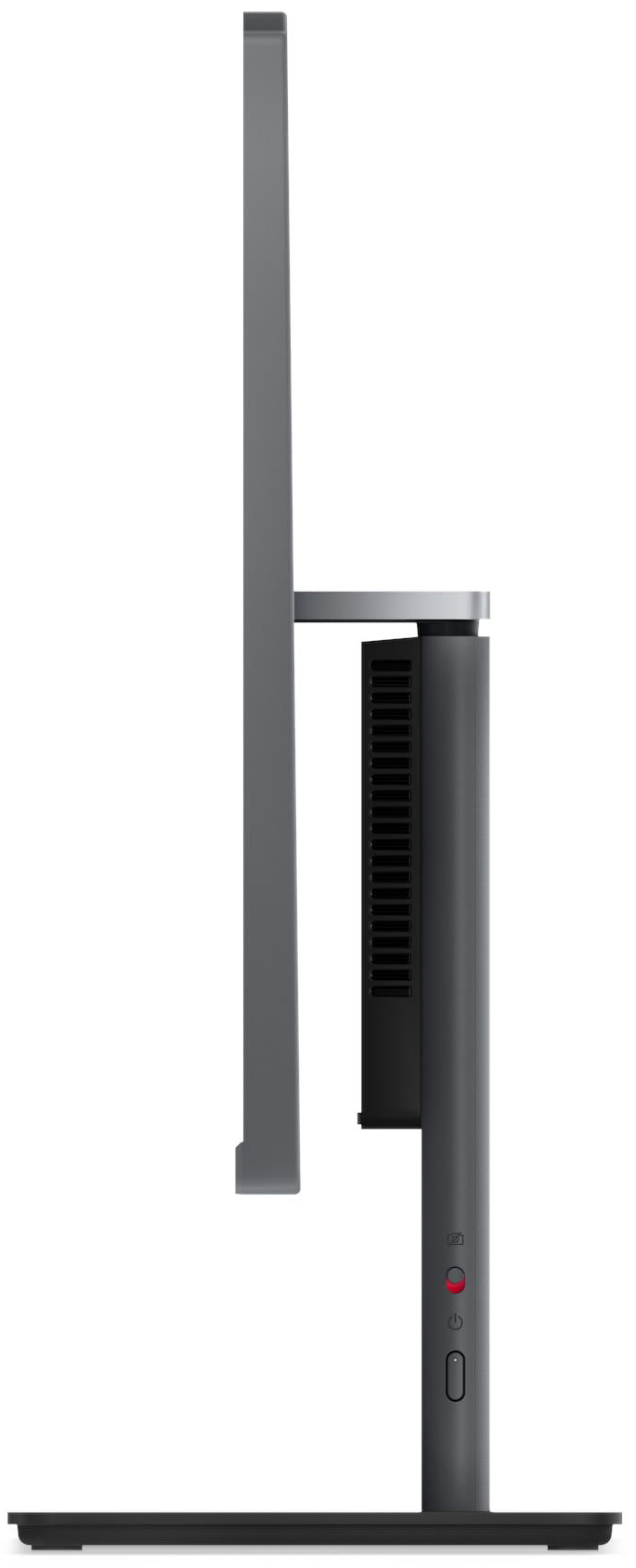 Egy monitor oldalsó nézete szürke állvánnyal, szellőzőnyílásokkal és vezérlőgombokkal.