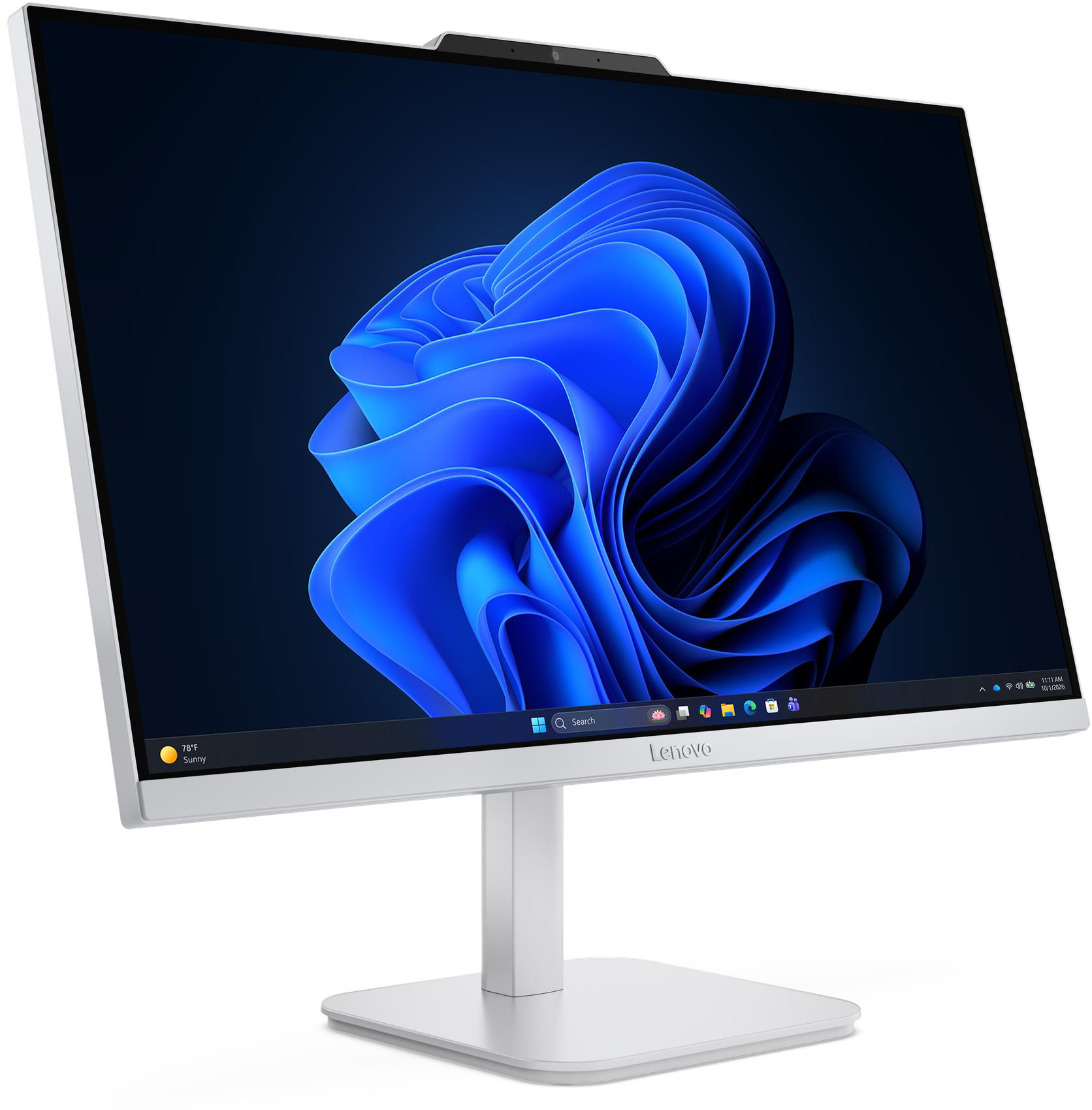 Egy feh ér Lenovo egyben számítógép kék hullám háttérképpel a képernyőn.