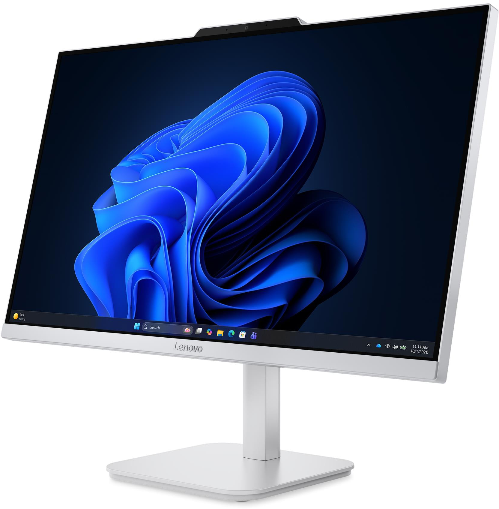 Egy fehér Lenovo egyben PC kék absztrakt háttérképpel és beépített webkamerával, fehér állványon.