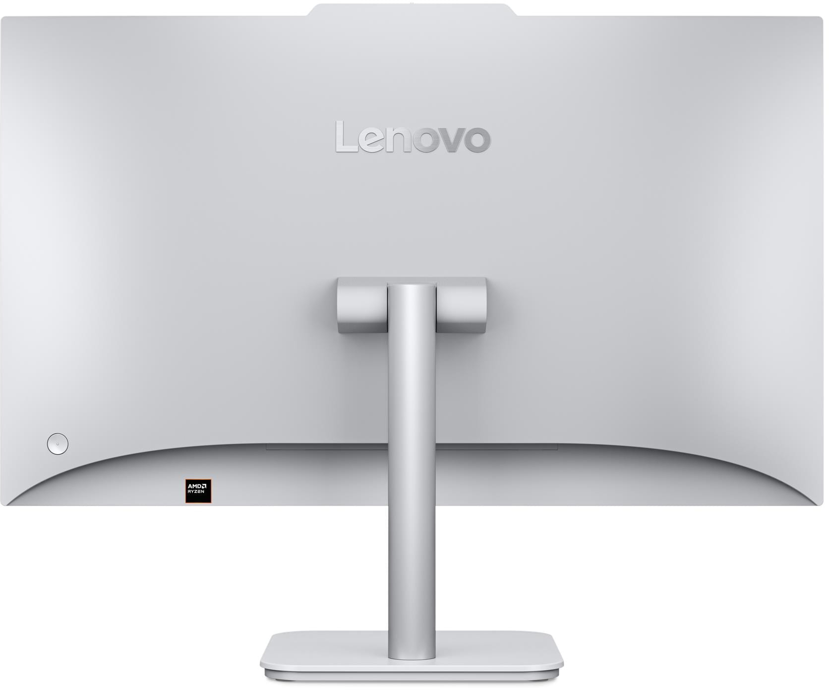 Egy ezüst színű Lenovo all-in-one számítógép hátulja AMD Ryzen logóval és állvánnyal fehér háttér előtt.