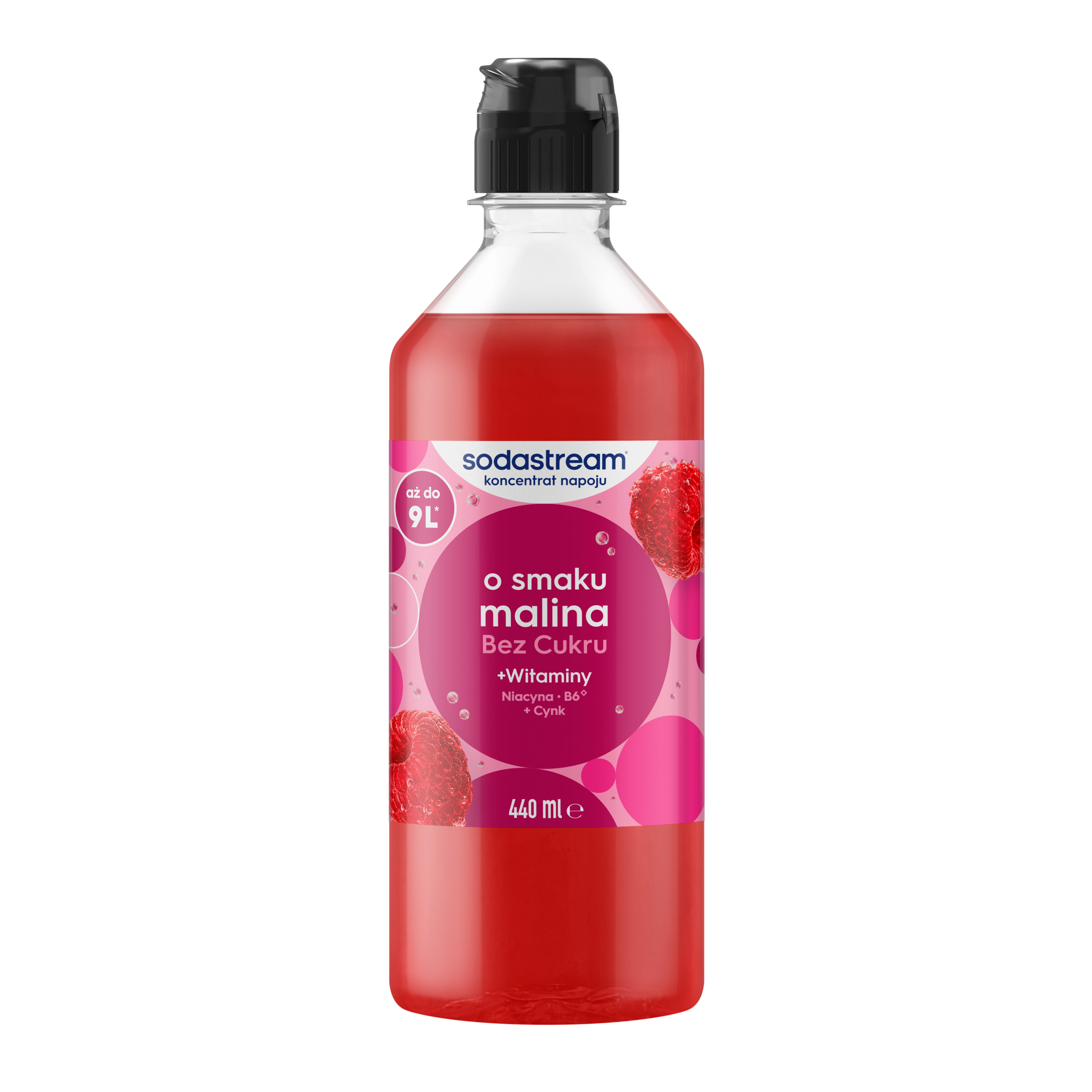Butelka koncentratu napoju o smaku malinowym Sodastream z czarnym korkiem i czerwonym płynem na białym tle.