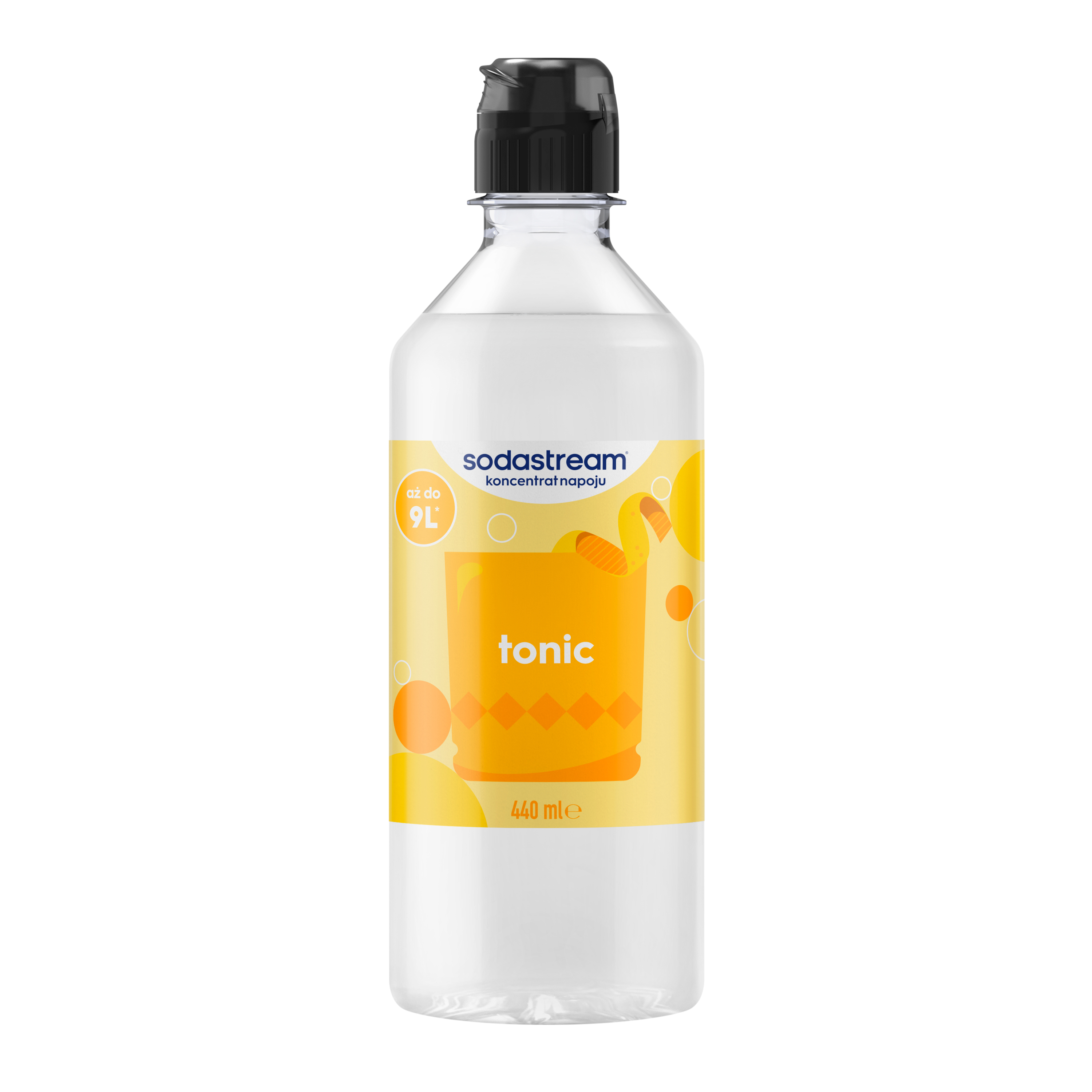 Przezroczysta butelka syropu tonic Sodastream z żółtą etykietą i czarną nakrętką.