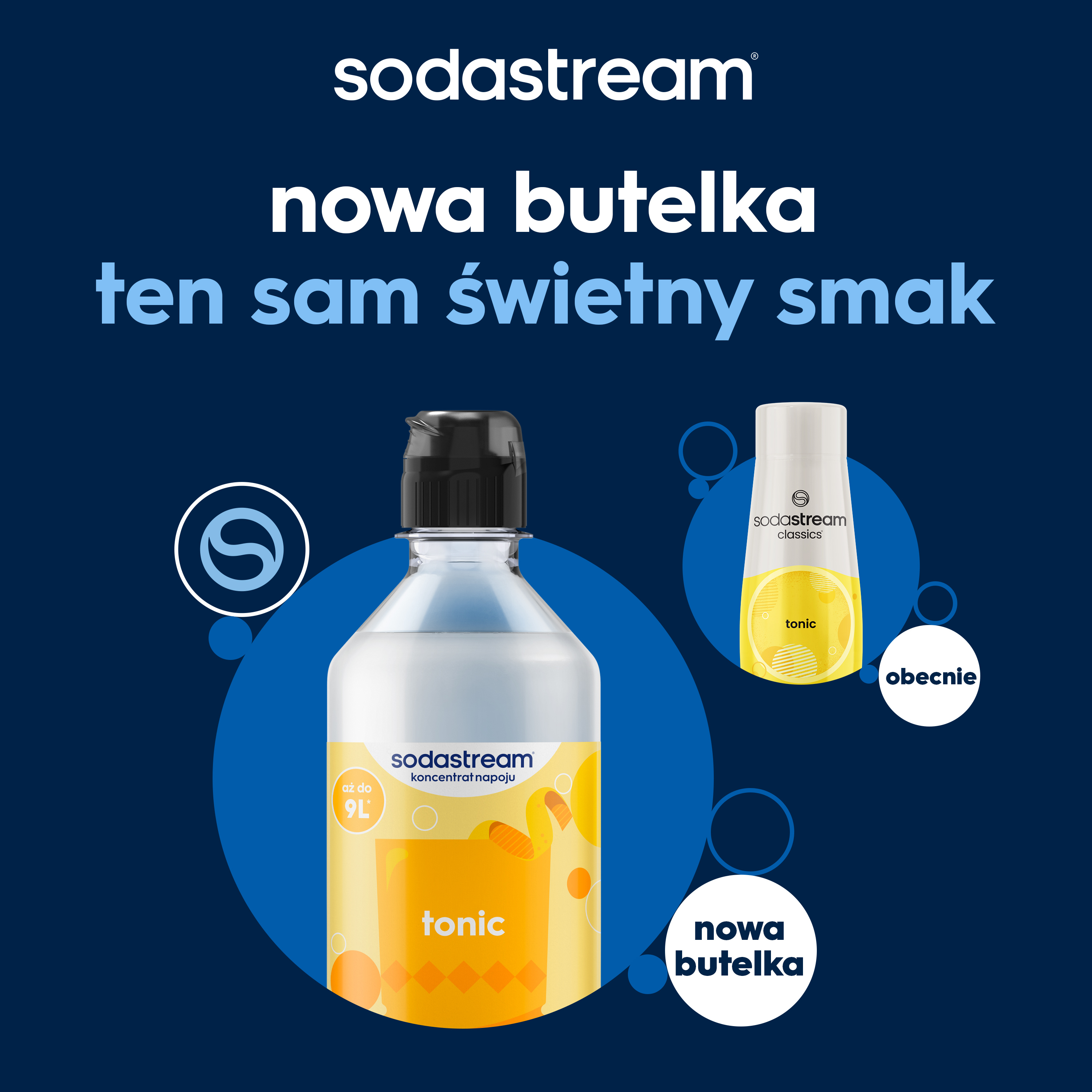 Butelka syropu tonic Sodastream z polskim tekstem na ciemnoniebieskim tle.