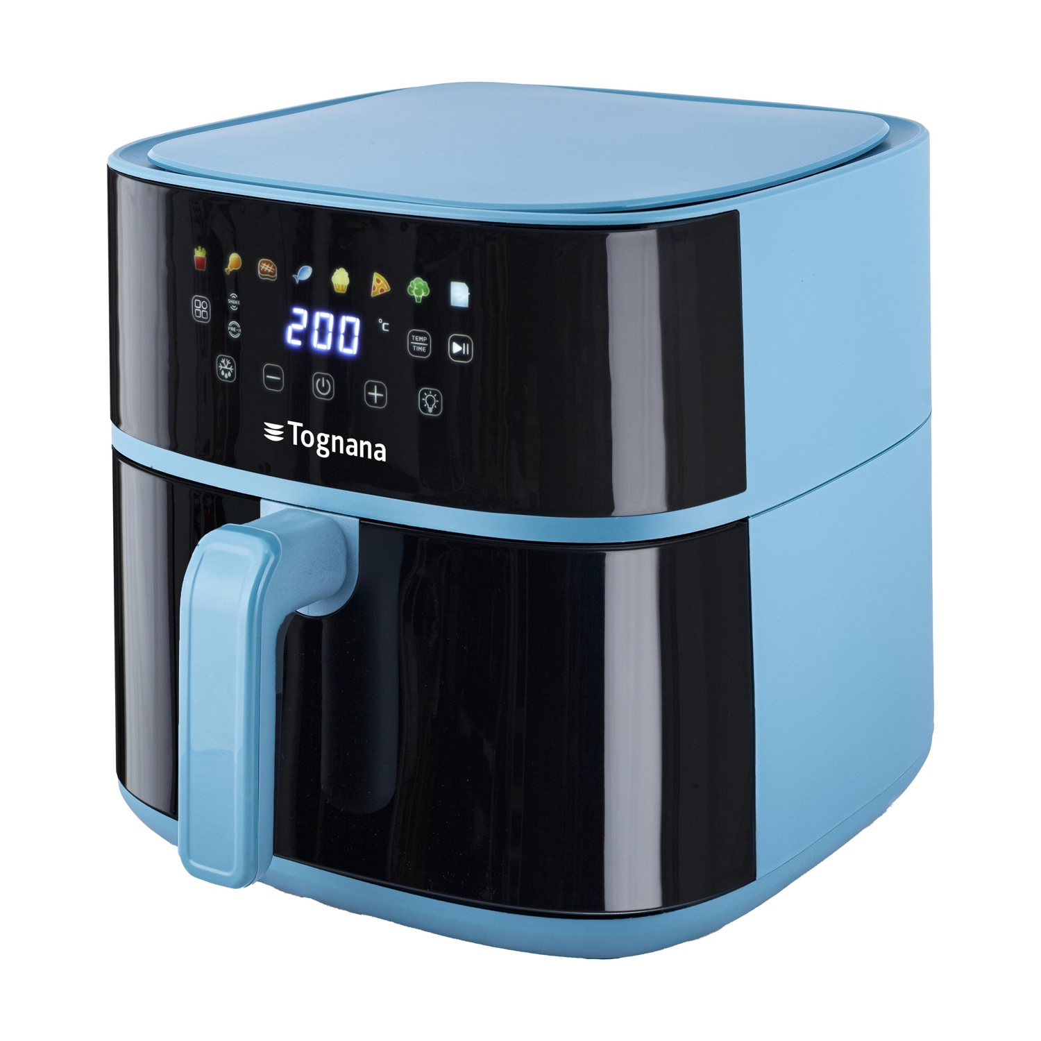 Friggitrice ad aria blu con pannello di controllo nero e display digitale su fondo bianco.