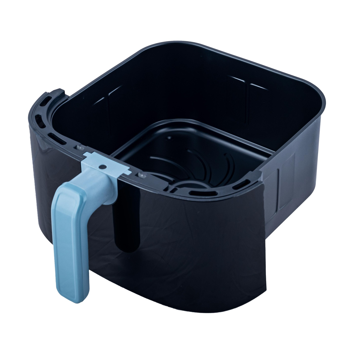 Un cestello nero per friggitrice ad aria con manico azzurro su sfondo bianco.