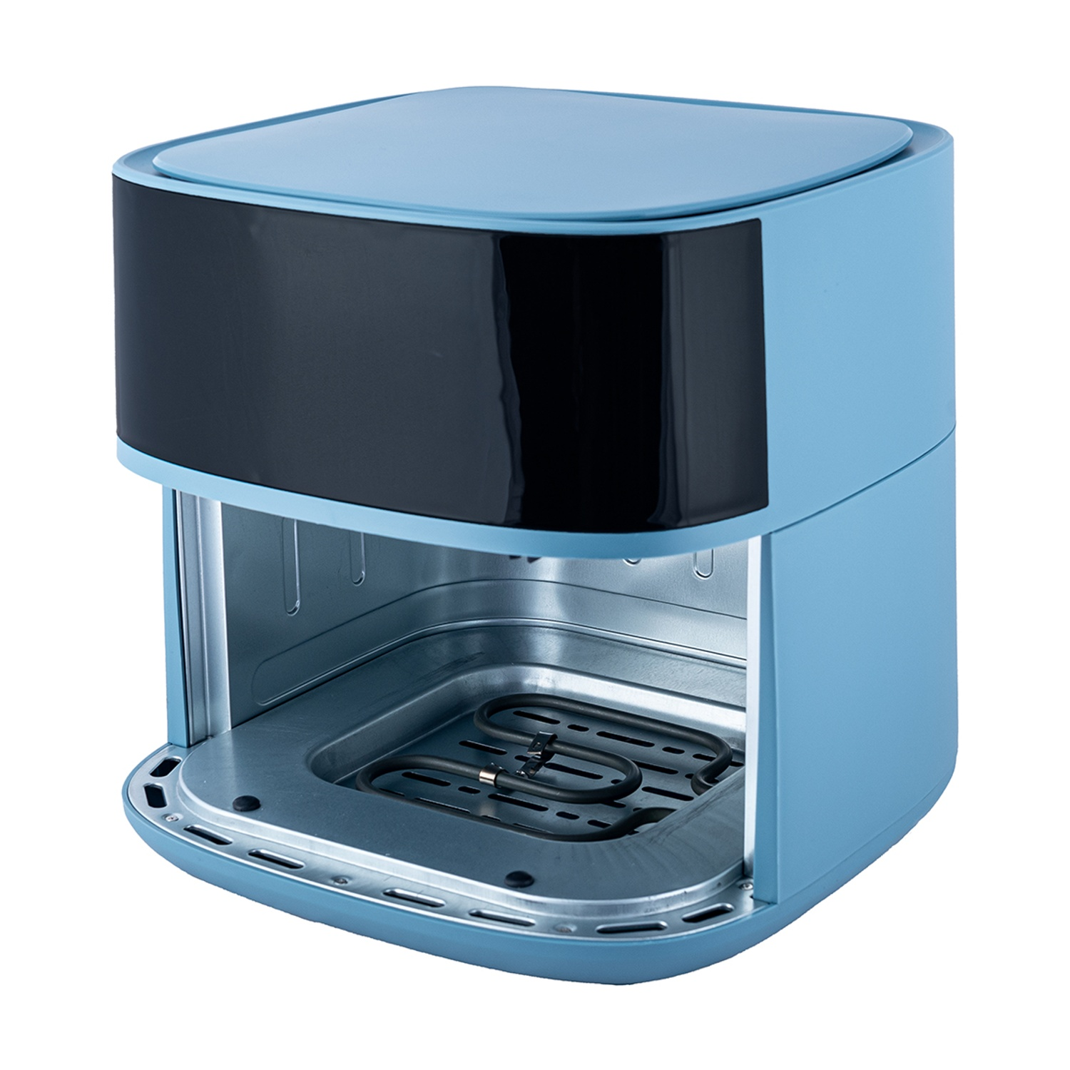 Friggitrice ad aria blu con scomparto aperto, display nero e resistenza visibile su sfondo bianco.