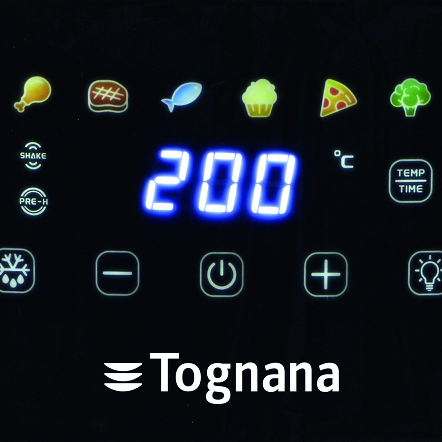 Display digitale di un elettrodomestico Tognana che mostra 200 gradi in blu e varie icone di cottura.