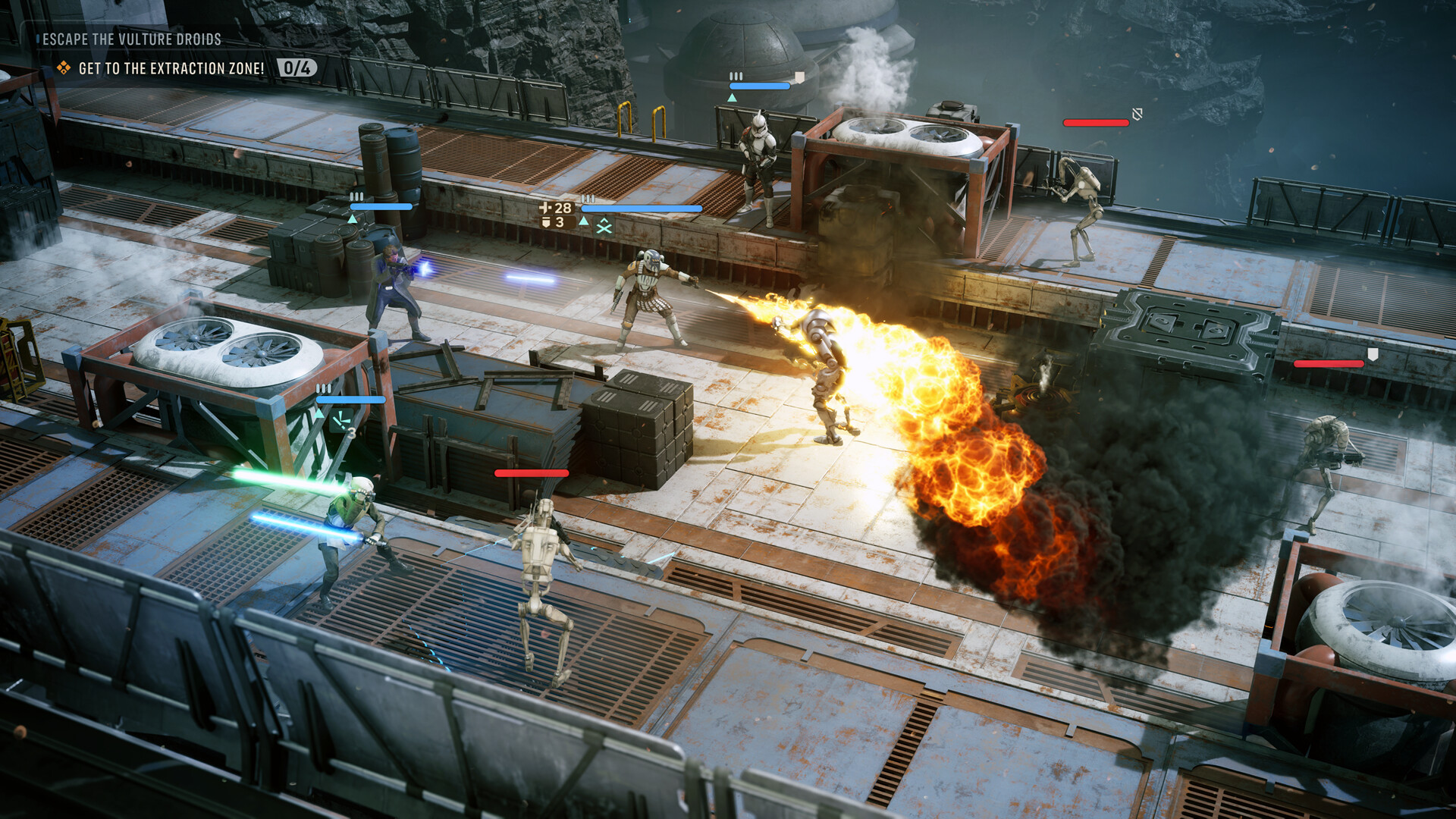 Scena di gioco tattico sci-fi con personaggi che combattono contro i droidi.