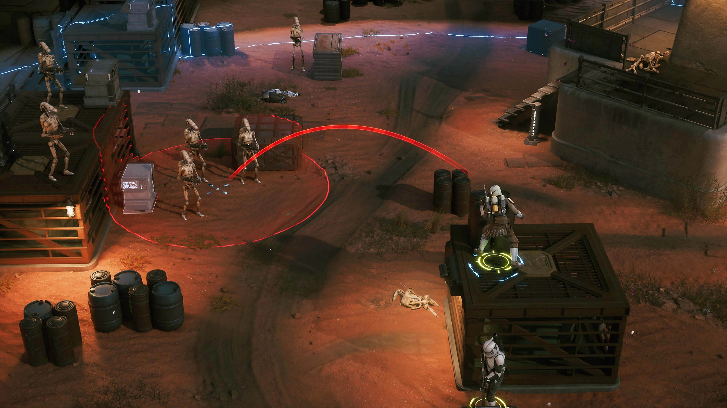 Una scena di gioco tattico mostra un soldato che mira a droidi da battaglia su un terreno industriale rosso.