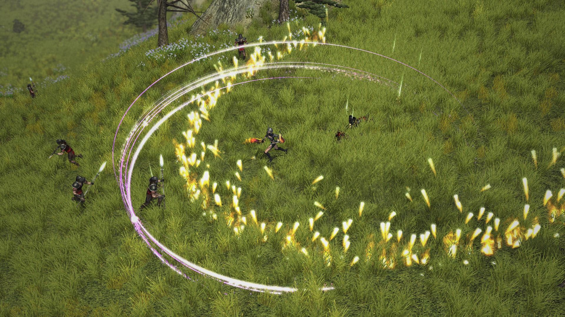 Un guerrier dans un paysage herbeux libère un arc tourbillonnant d'étincelles dorées.