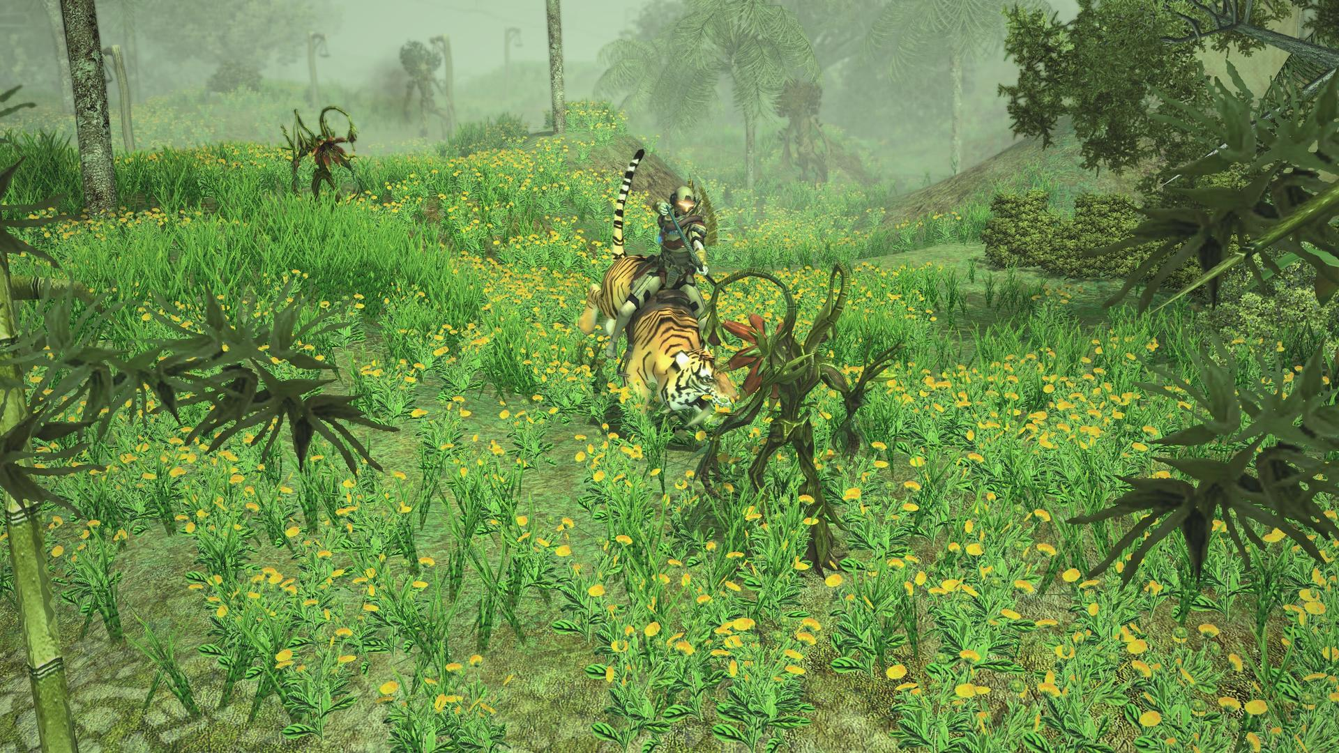 Un cavalier sur un tigre combat une créature arboricole dans un champ de fleurs jaunes.