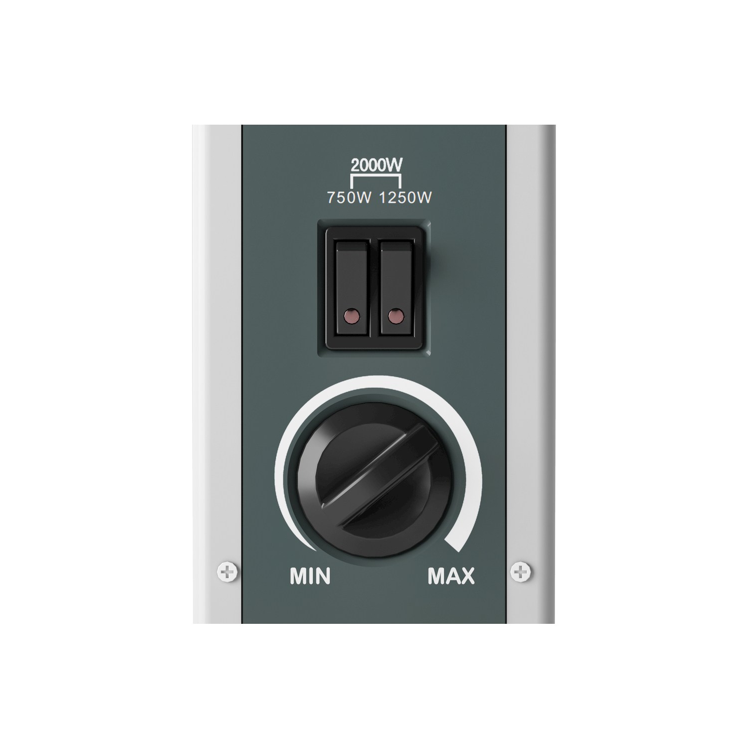 Pannello di controllo della stufa con due interruttori per 750W e 1250W (totale 2000W) e manopola da MIN a MAX.