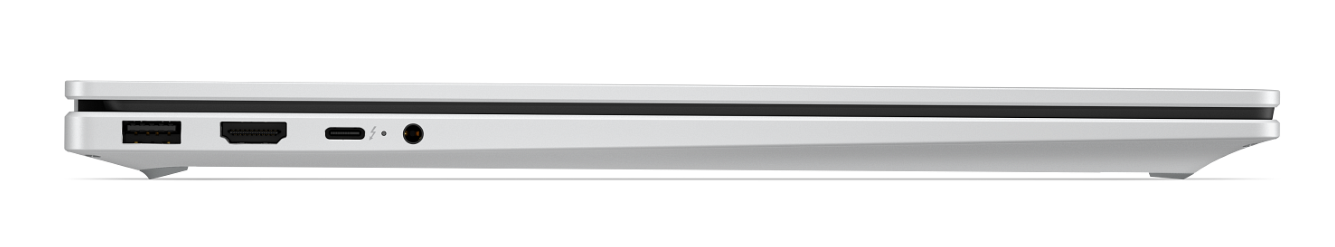 Widok z boku cienkiego białego laptopa z portami USB, HDMI, USB-C i audio na czarnym tle.