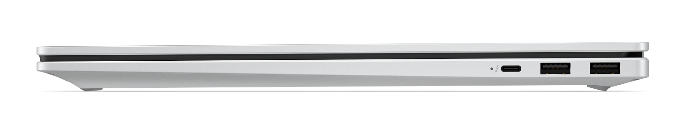 Widok z boku srebrnego laptopa z portami USB na czarnym tle.